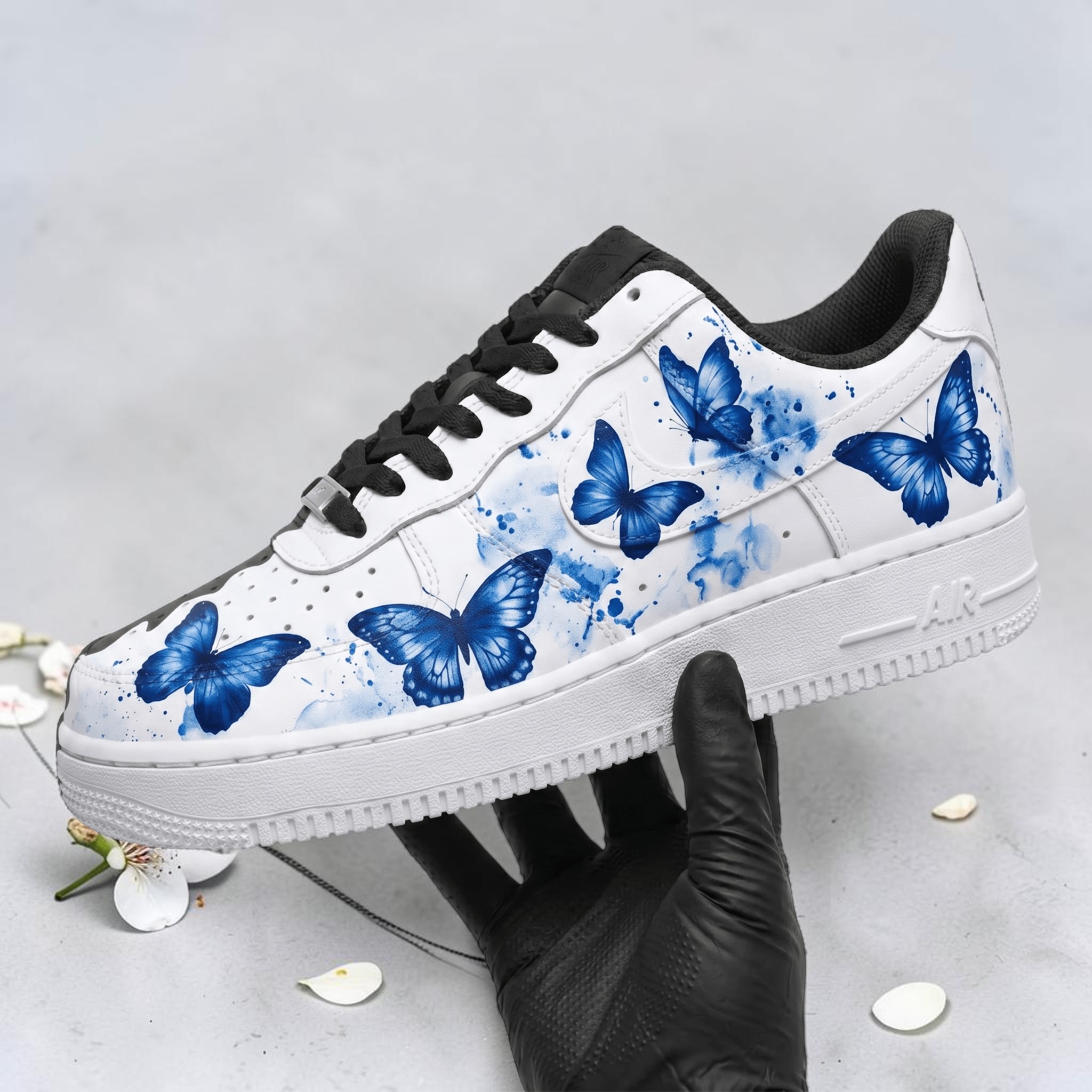 Custom Blue Butterfly AF1 Sneakers, Hand Painted Black and White Dual Tone Shoes, Unique Gift for Women and Teens. - gallery image 1