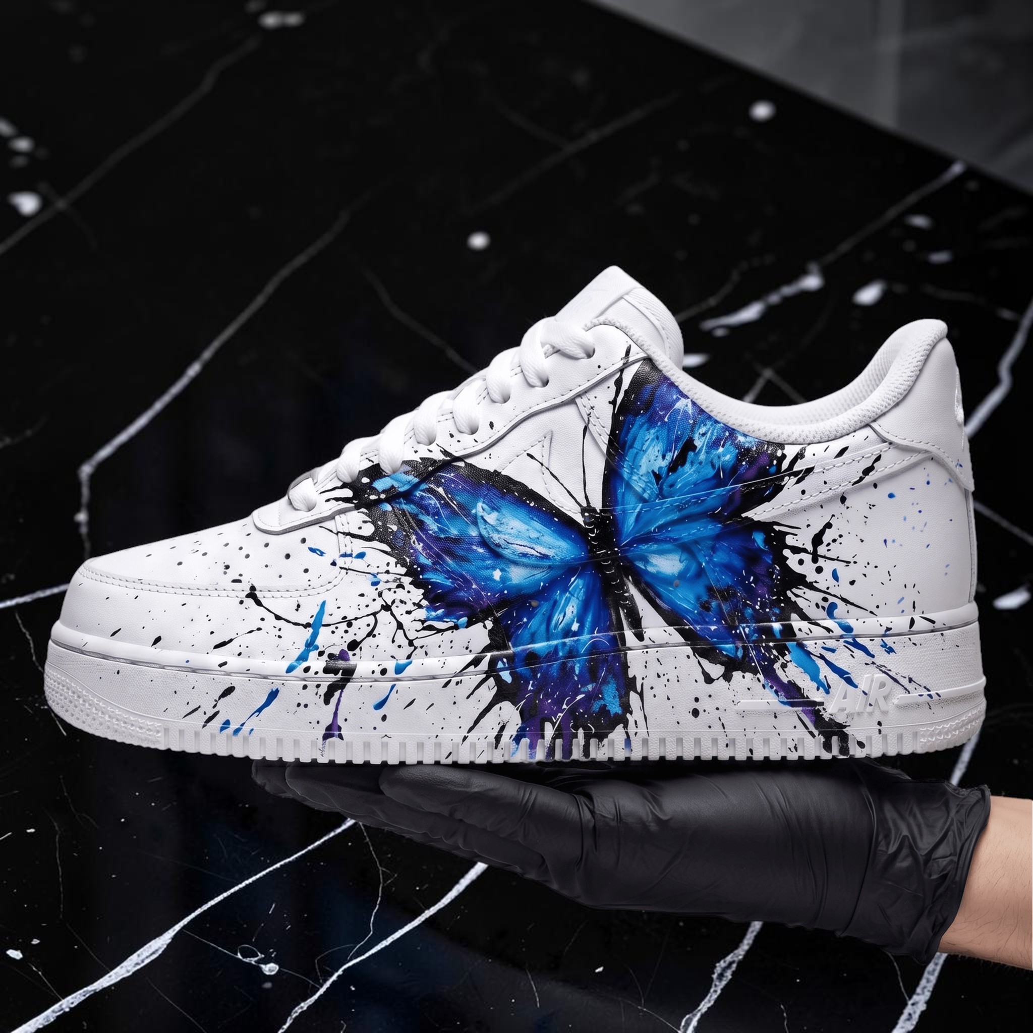 Custom Butterfly Sneakers, Hand-Painted Blue Butterfly Design, Personalized Sneakers with Abstract Art, Vibrant Butterfly Splash Art - thumbnail