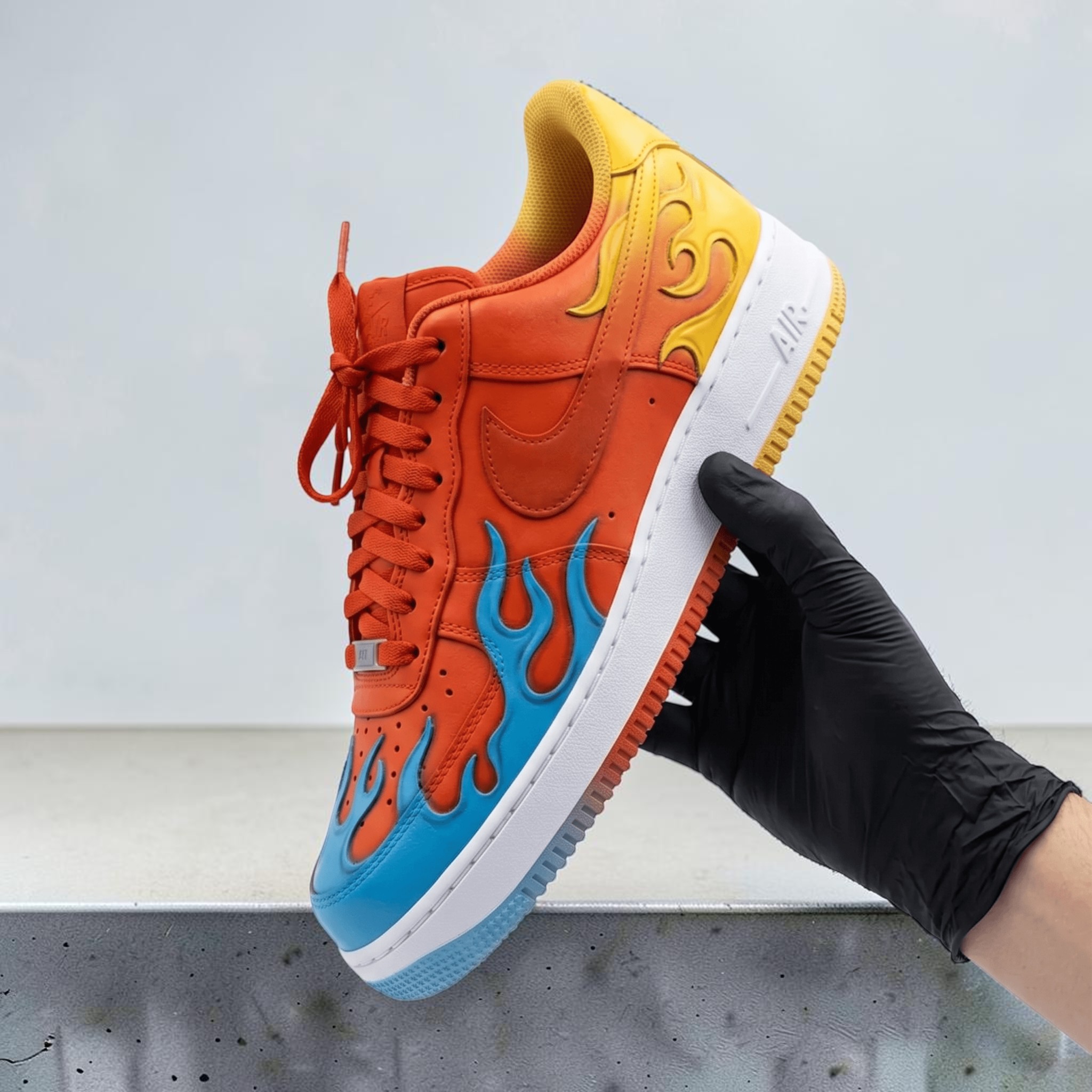 Vibrant Colorful Fire Custom AF1 Sneakers, Hand Painted Teal and Yellow Flame Shoes, Unique Colors AF1 Sneakers, Personalized Gift. - gallery image 2