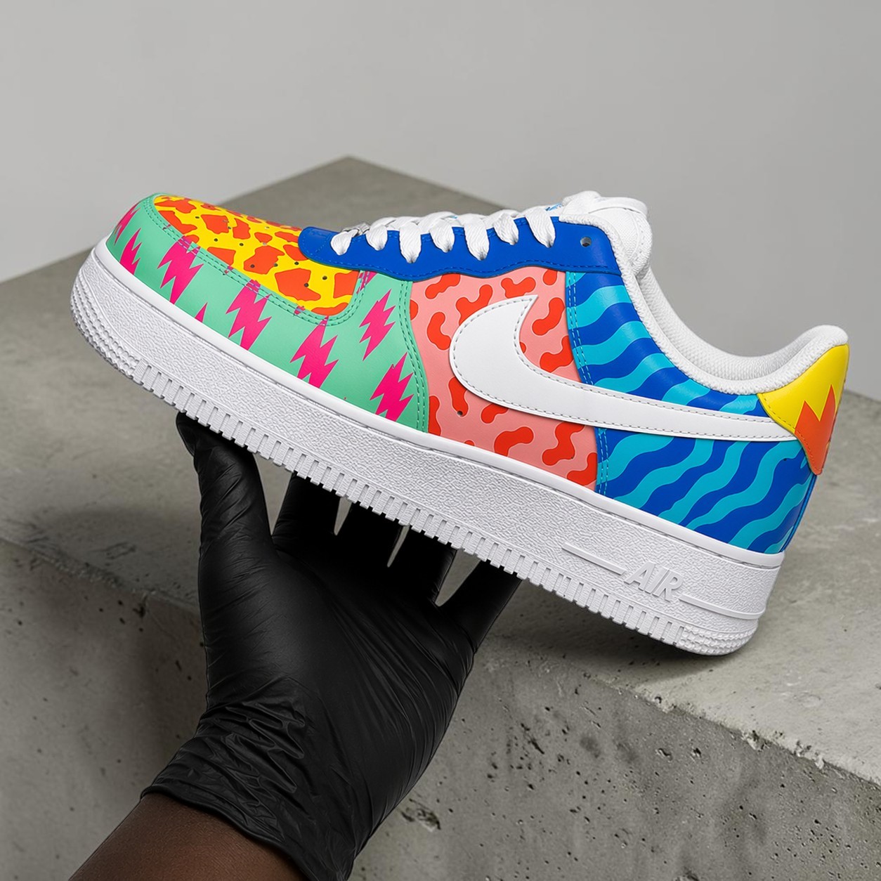 Custom Multi-Pattern AF1 Sneakers, Hand Painted Neon Patchwork Sneakers, Colorful Style Shoes, White Custom AF1, Unique Gift for Him Her. - thumbnail
