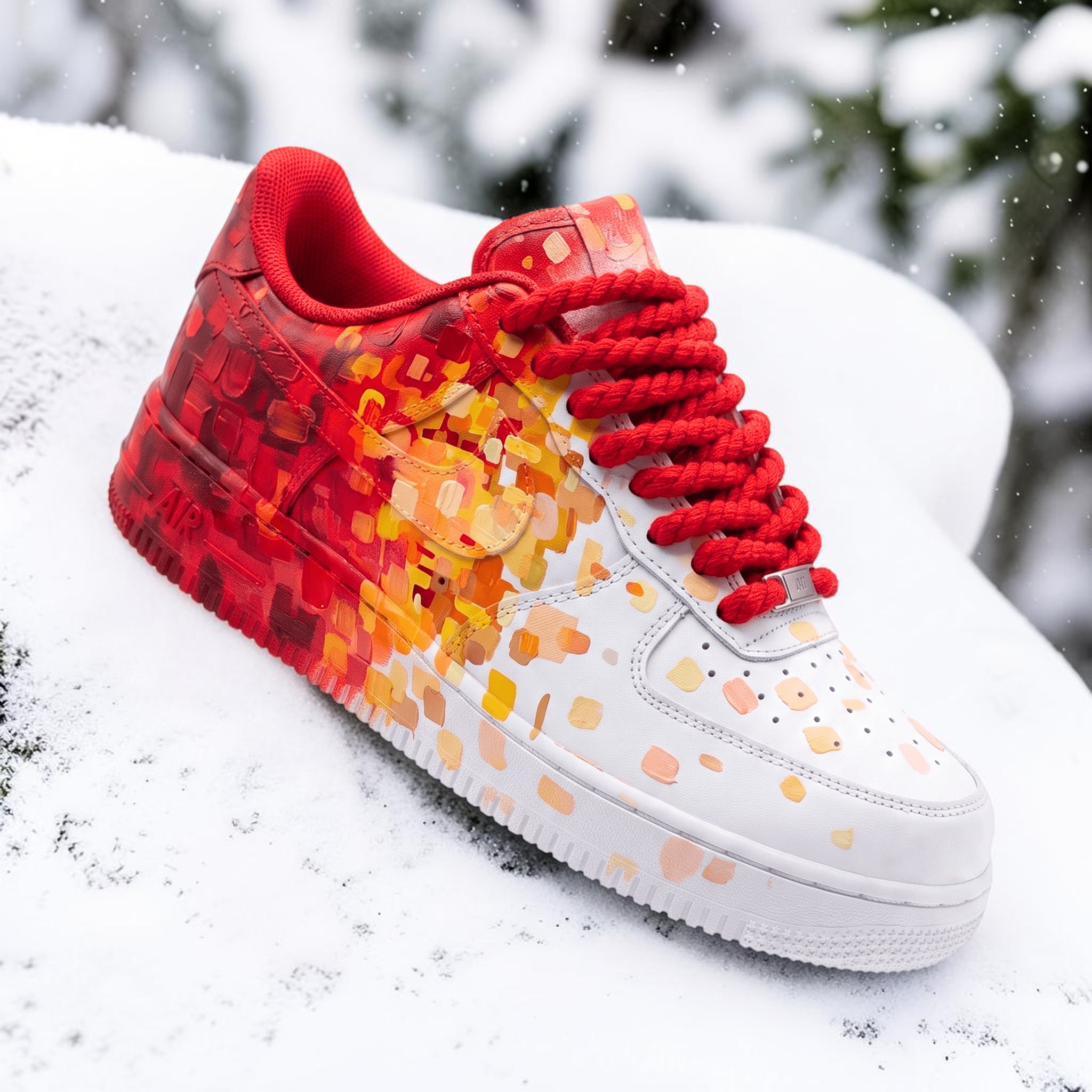 Hand Painted Red and Orange AF1 Sneakers, Custom Oil Paint Style Sneakers, White Artistic AF1 Shoes, Personalized Bold Statement Footwear. - thumbnail