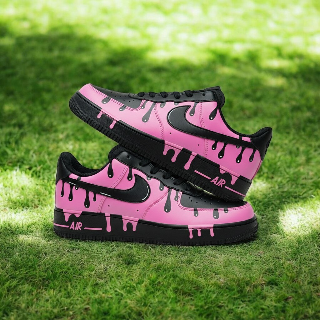 Black Pink Drip Custom Air Force 1 Sneakers, Hand Painted Black Pink Drip AF1 Shoes, Personalized Black AF1 Shoes - gallery image 3