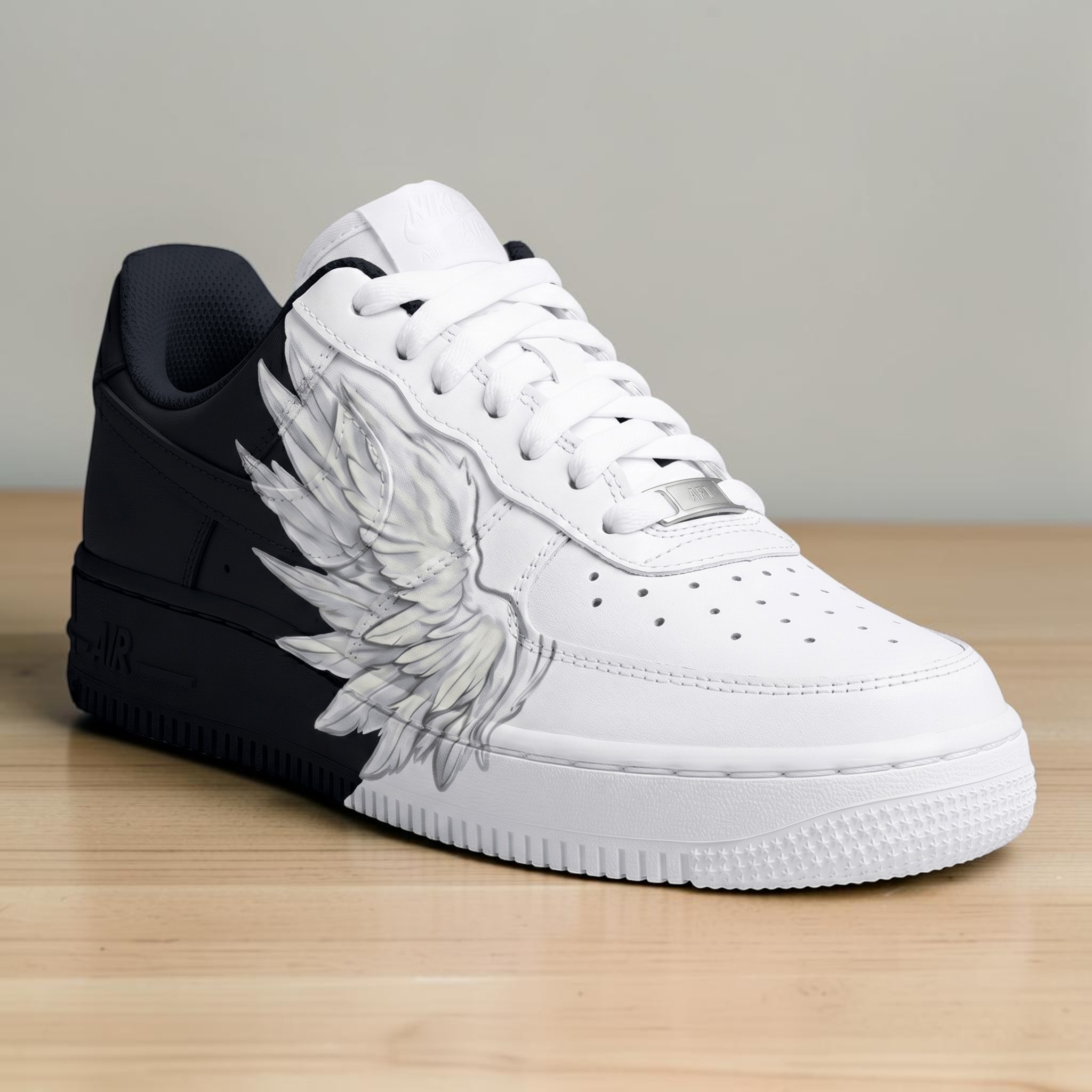 Custom Angel Wings AF1 Sneakers, Hand Painted Black and White Sneakers, Personalized Wing Design Footwear, Heavenly Wings Custom Shoes. - gallery image 2