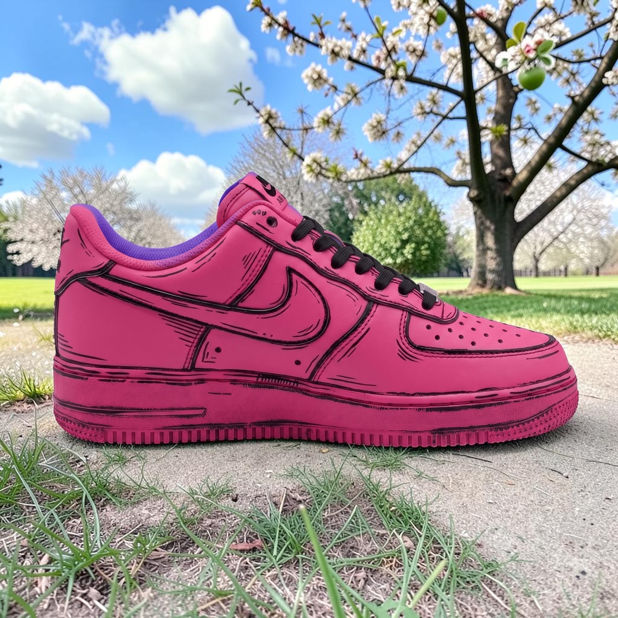 Purple and Pink Custom AF1 Sneakers, Cartoon Style Shoes, Hand Painted Half-Half Purple Pink, 2D Art Sneakers, Unique Gift for Him Her. - gallery image 3