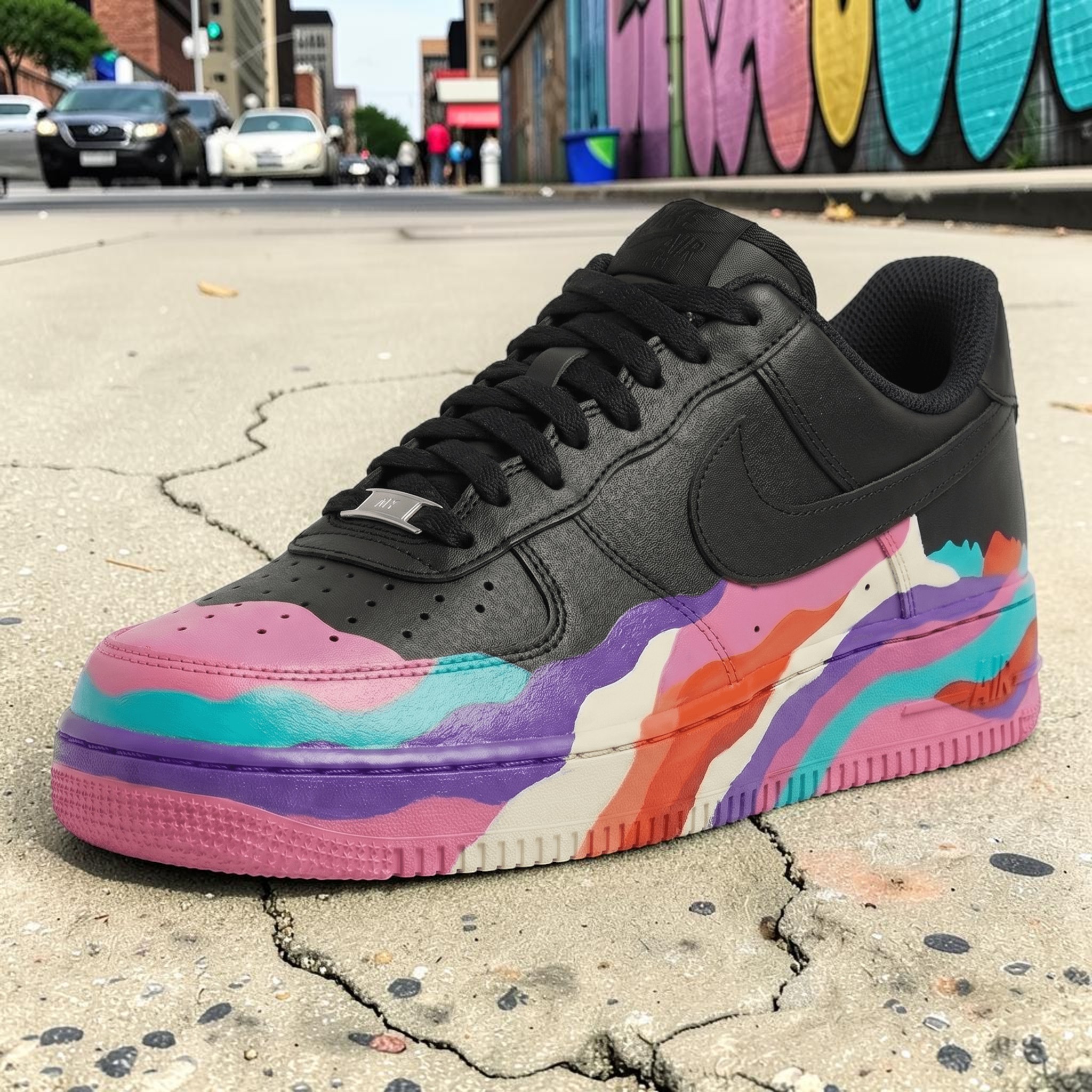 Custom Colorful Drip AF1 Sneakers, Hand Painted Colorful Black Sneakers, Unique Melting Paint Shoes, Personalized Gift for Her Him. - thumbnail