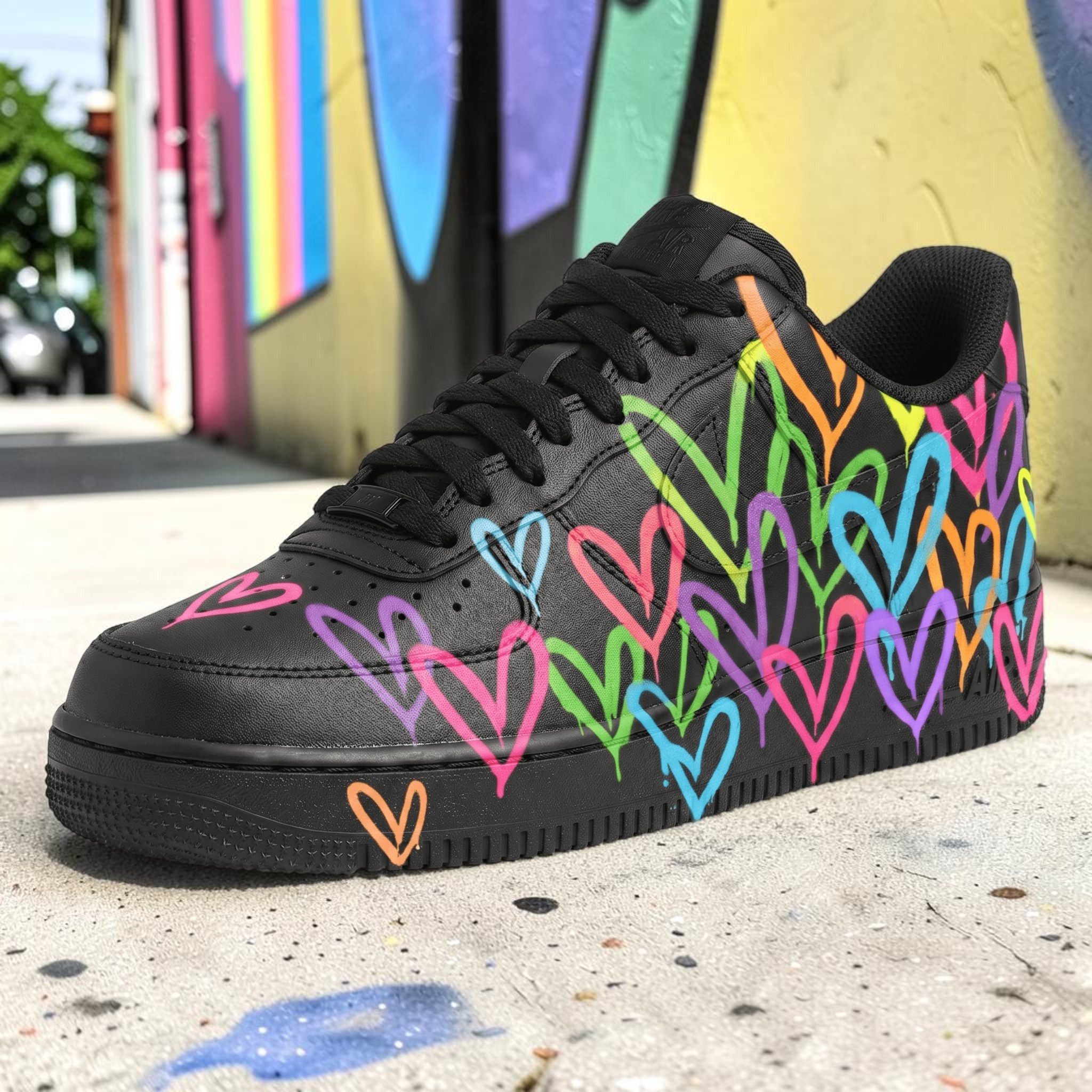 Custom Neon Heart AF1 Sneakers, Hand Painted Colorful Heart Splatter Shoes, Unique Streetwear AF1 Sneakers, Personalized Gift for Him Her. - gallery image 3