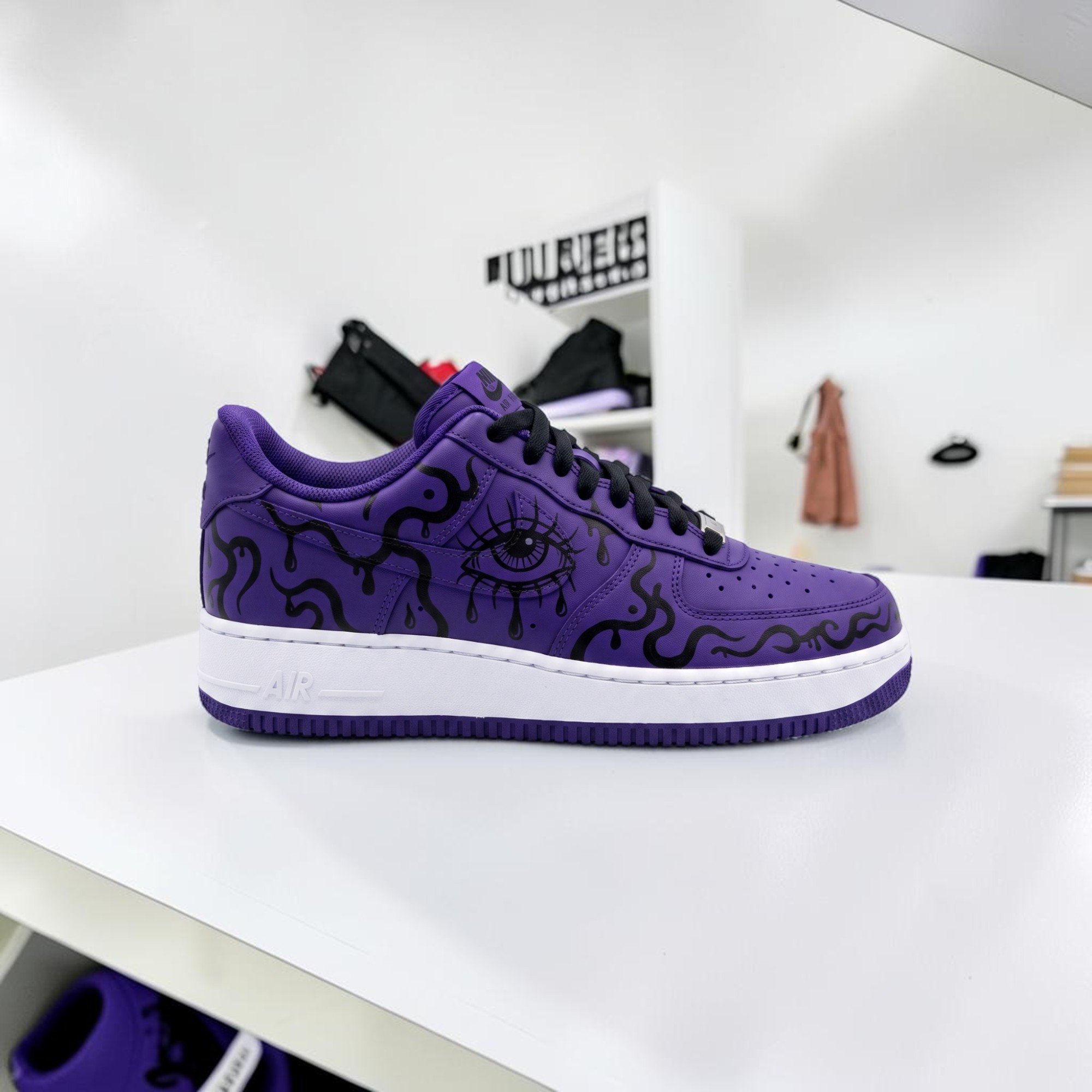 Custom Eye Purple AF1 Sneakers, Hand Painted Black Eye Sneakers, Unique Streetwear Shoes, Unique Gift for Him Her. - gallery image 2
