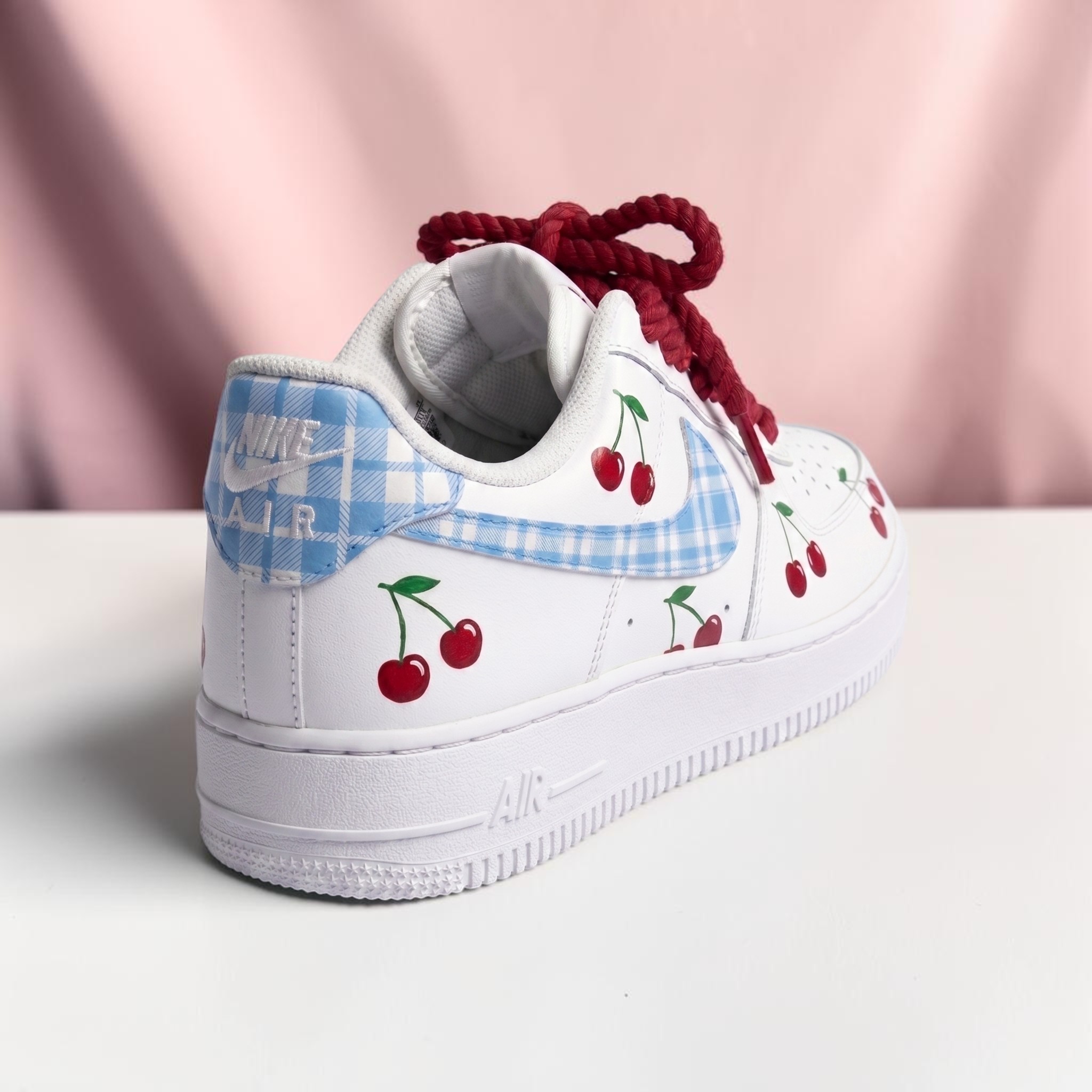 Hand-Painted Cherry and Blue Plaid AF1 Sneakers, Custom Red Blue White Shoes, Coquette Cherry Footwear, Unique Gift for Her. - gallery image 1