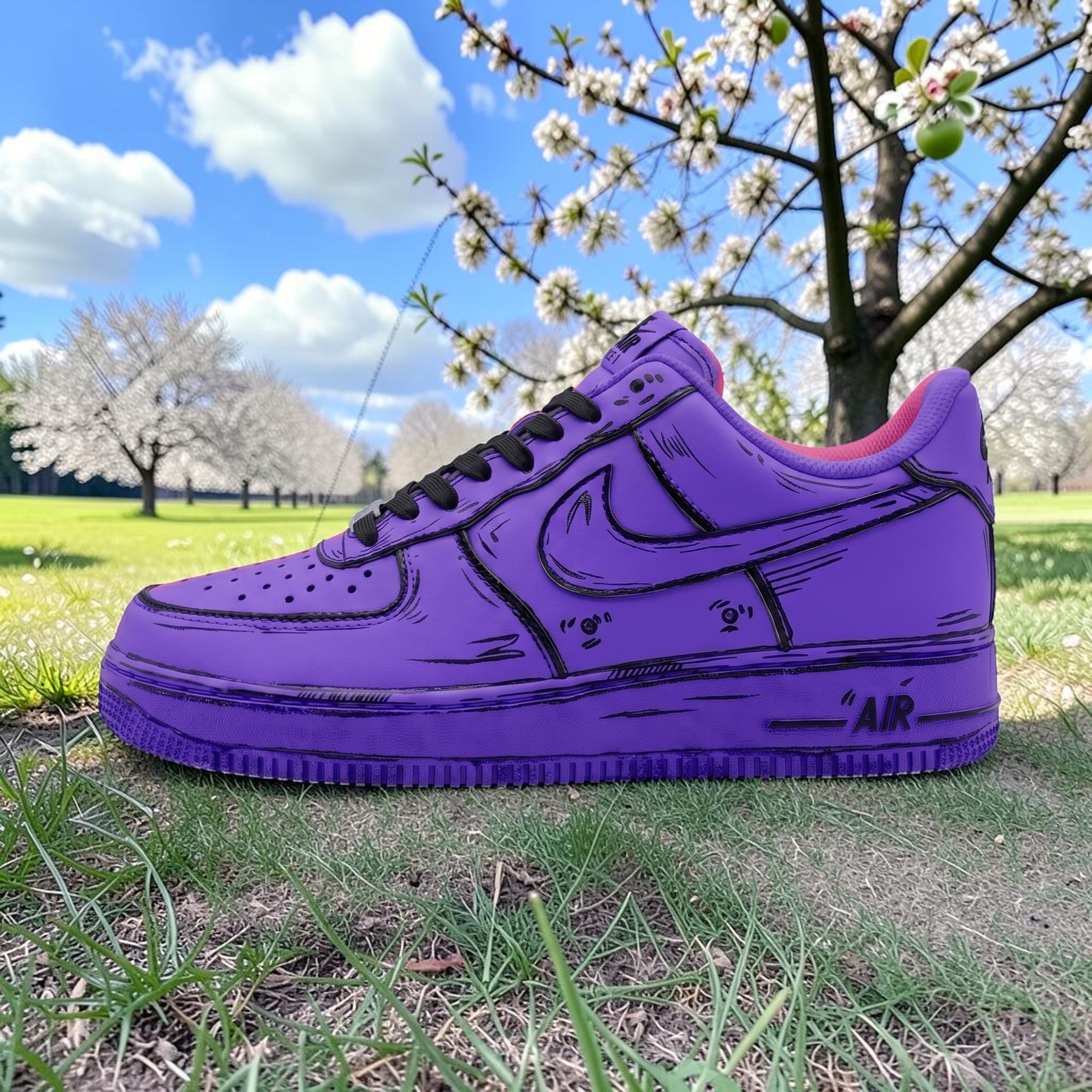 Purple and Pink Custom AF1 Sneakers, Cartoon Style Shoes, Hand Painted Half-Half Purple Pink, 2D Art Sneakers, Unique Gift for Him Her. - gallery image 4