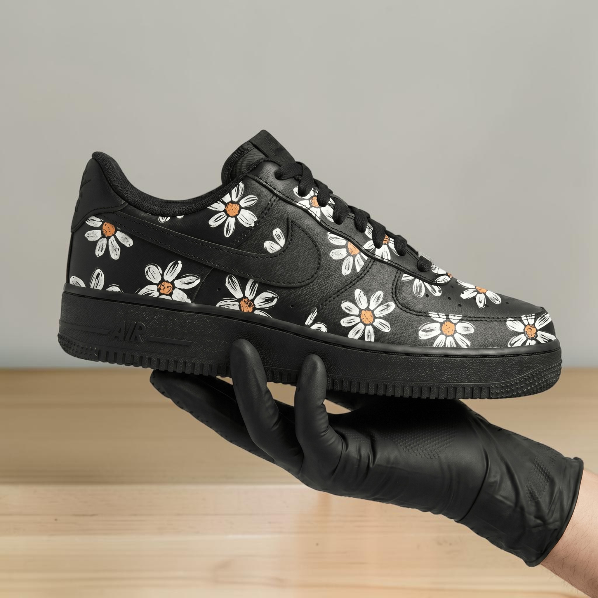 Custom Daisy AF1 Black Sneakers, Hand Painted Floral Sneakers, Black AF1 with White Daisies, Unique Flower Shoes, Gift for Men & Women - gallery image 1