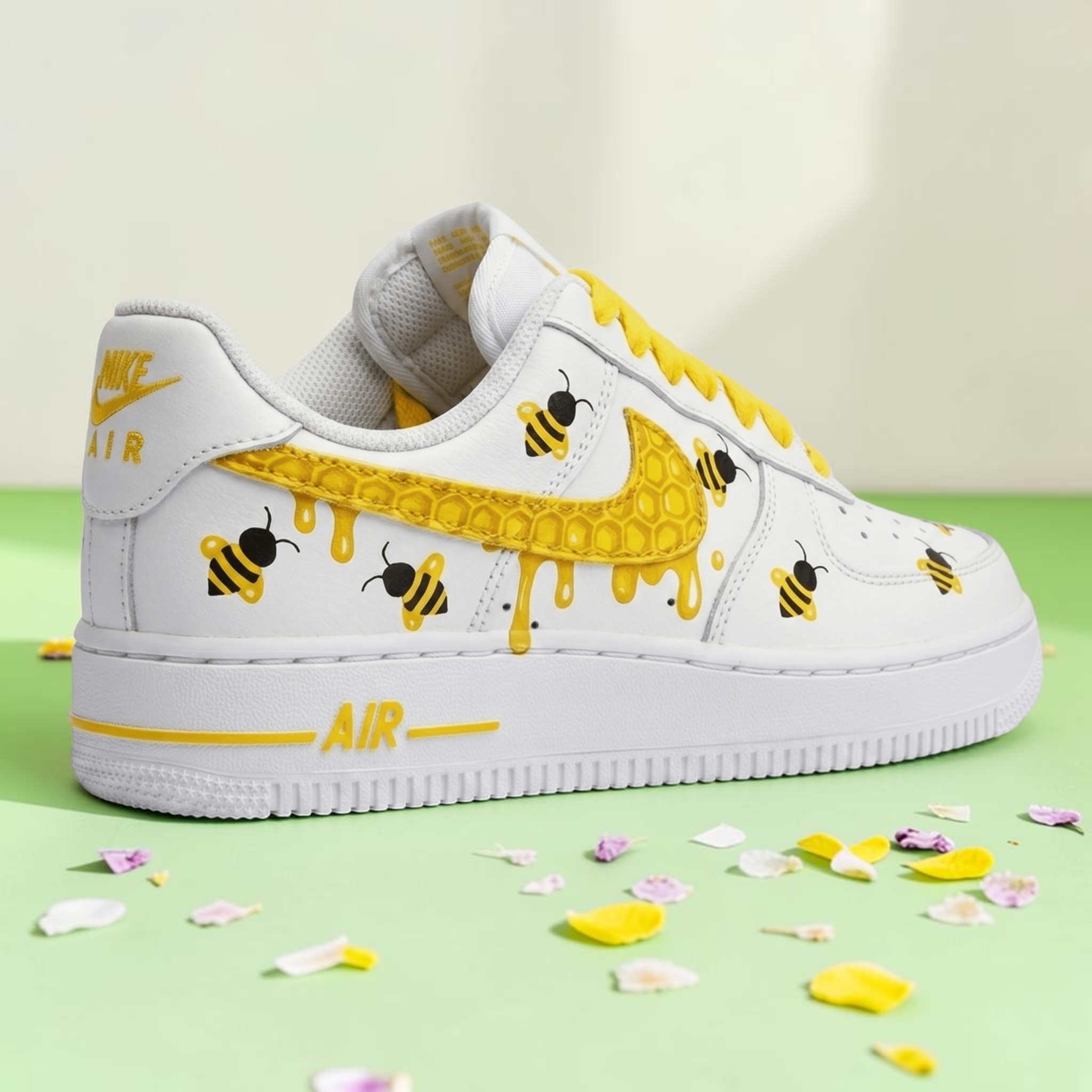 Custom Honey Bee Drip AF1 Sneakers, Hand Painted Bee Sneakers, Drip Paint Honeycomb Shoes, Unique Yellow & White AF1 Shoes - gallery image 1