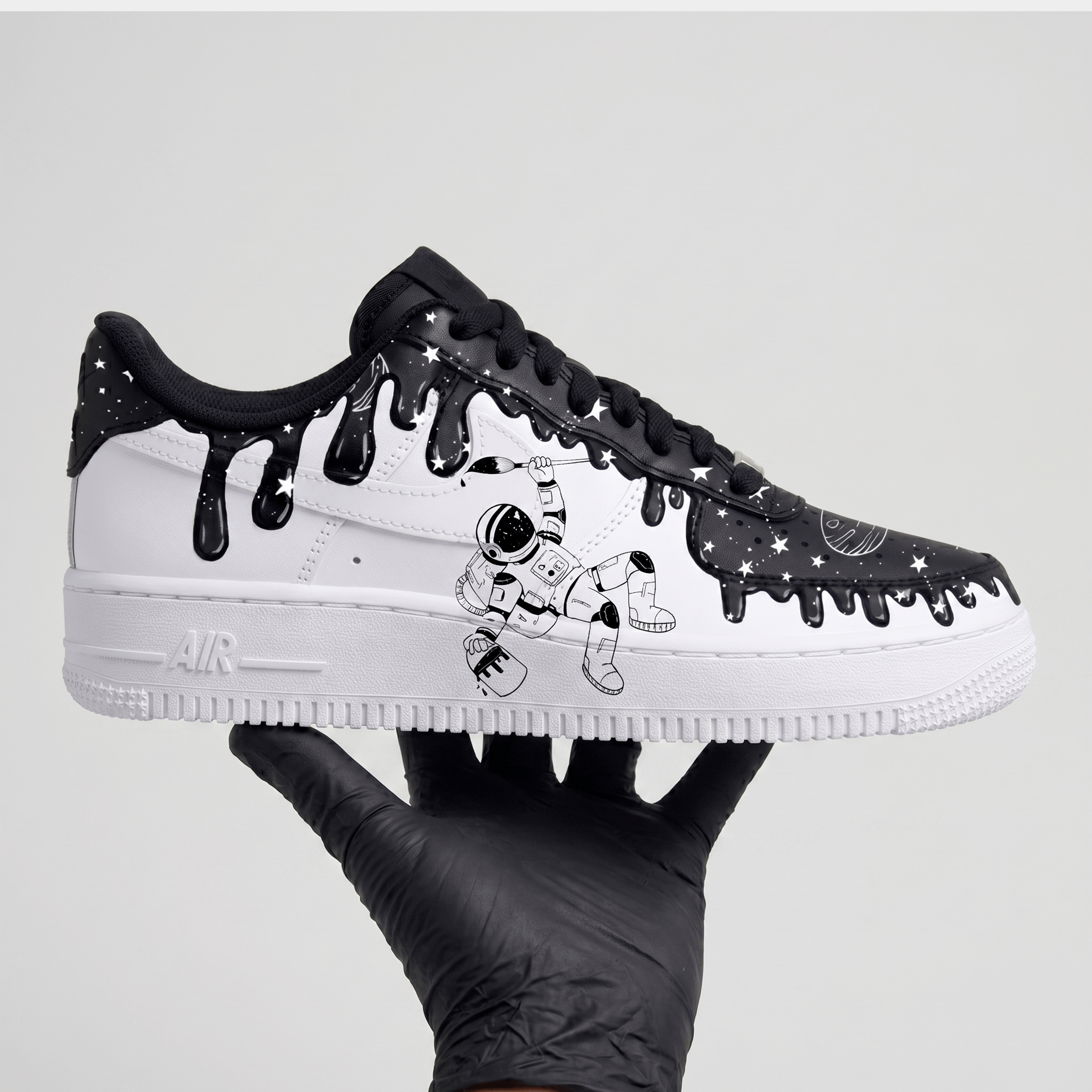 Custom Astronaut Galaxy Black Drip AF1 Sneakers, Hand-Painted Space Universe Sneakers, Black and White Astronaut Custom AF1. - gallery image 3