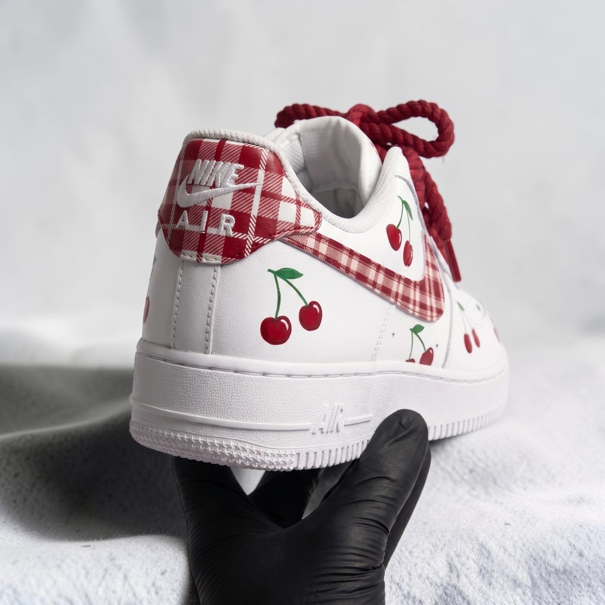 Hand-Painted Cherry and Red Plaid AF1 Sneakers, Custom Red White Shoes, Coquette Cherry Footwear, Unique Gift for Her. - gallery image 4