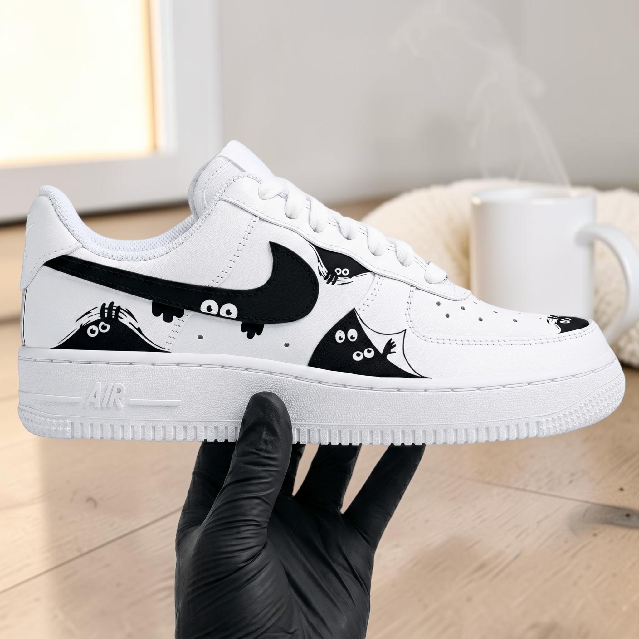 Custom Cute Monster Hide AF1 Sneakers, Hand-Painted Peeking Monster Shoes, Black and White Aesthetic Footwear, Gift for Sneakerheads. - gallery image 3