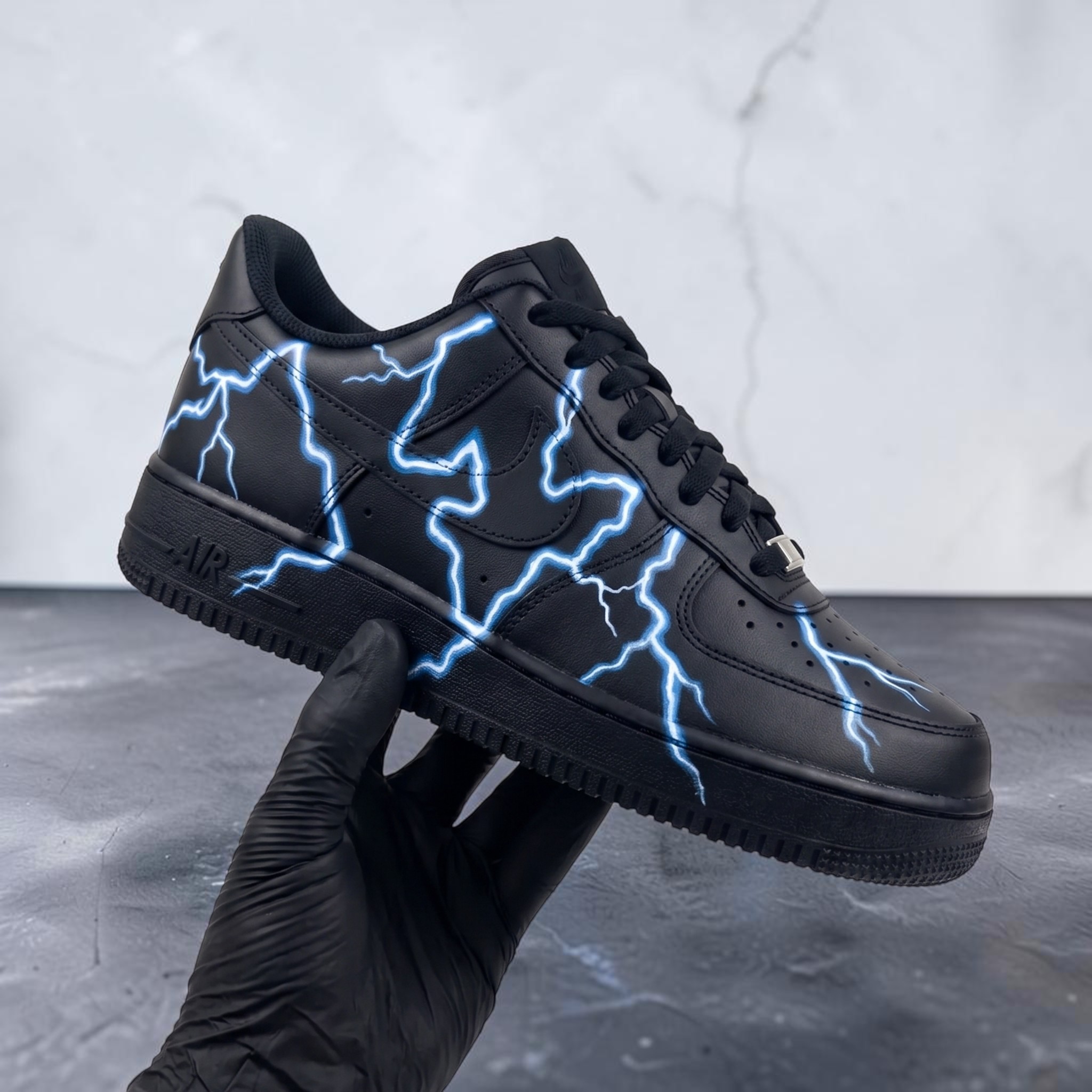 Custom Blue Lightning AF1 Sneakers, Hand Painted Black Shoes, Lightning Effect AF1 Sneakers, Unique Streetwear Style. - thumbnail