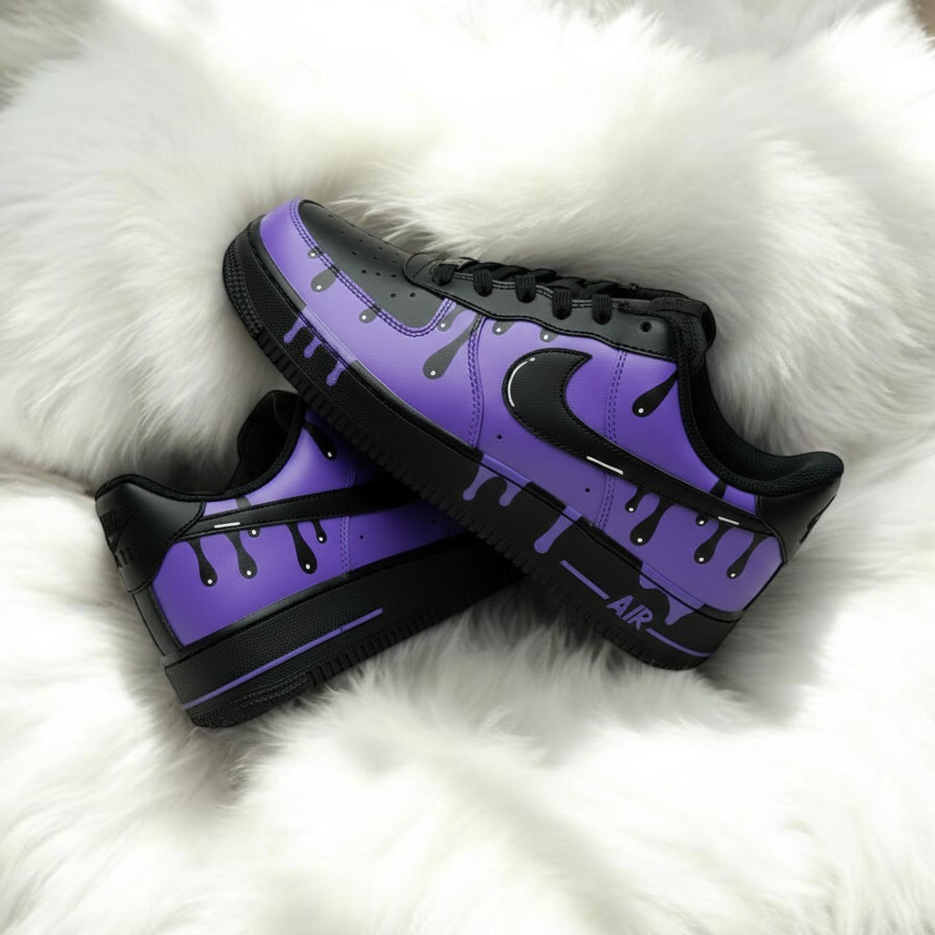 Black Purple Drip Custom Air Force 1 Sneakers, Hand Painted Black Purple Drip AF1 Shoes, Personalized Black AF1 Shoes - gallery image 3