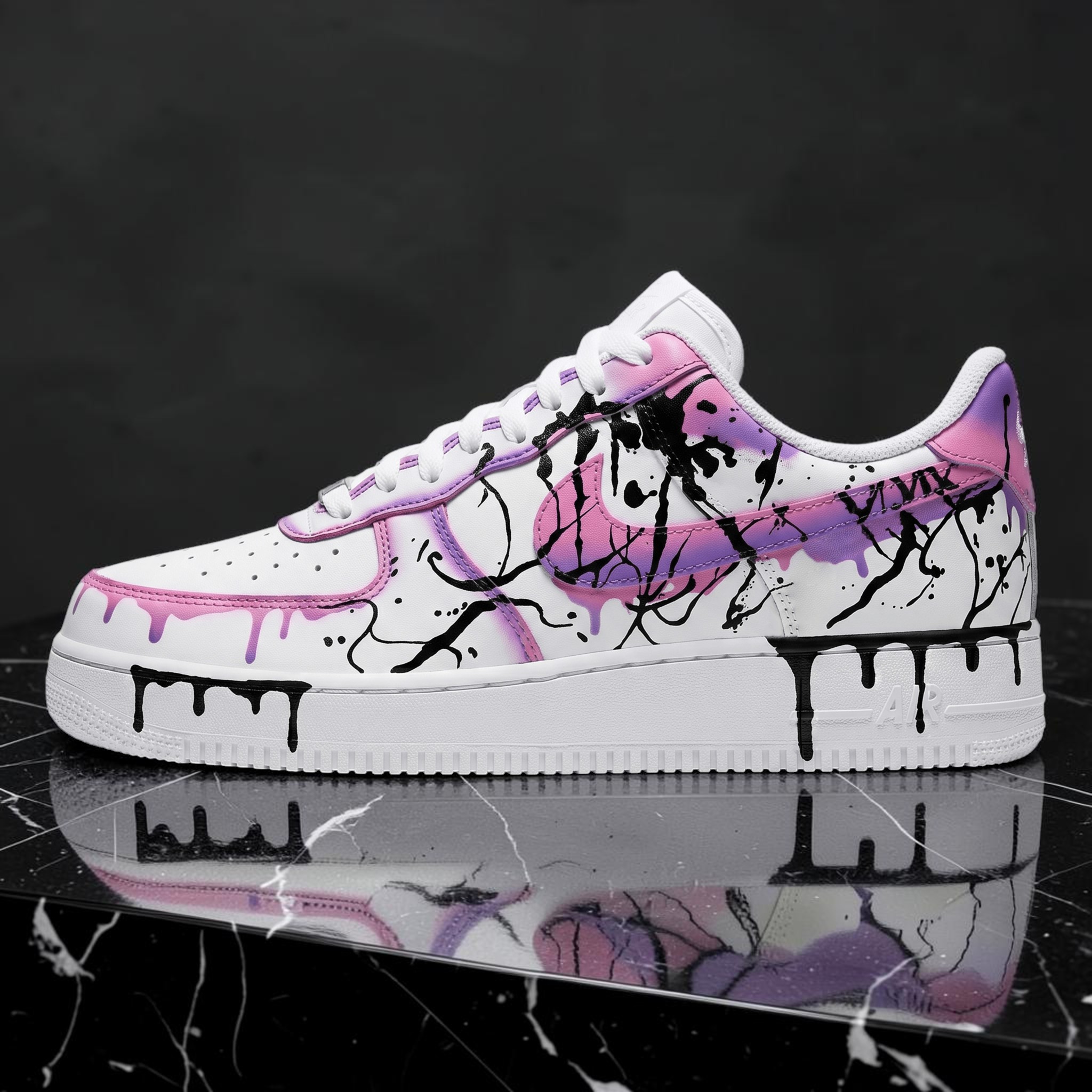 Custom Pink and Black Drip Sneakers, Hand-Painted Pink and Black Paint Drip Design Shoes, Personalized Sneakers for Art Lovers, Unique Graffiti Art - gallery image 1