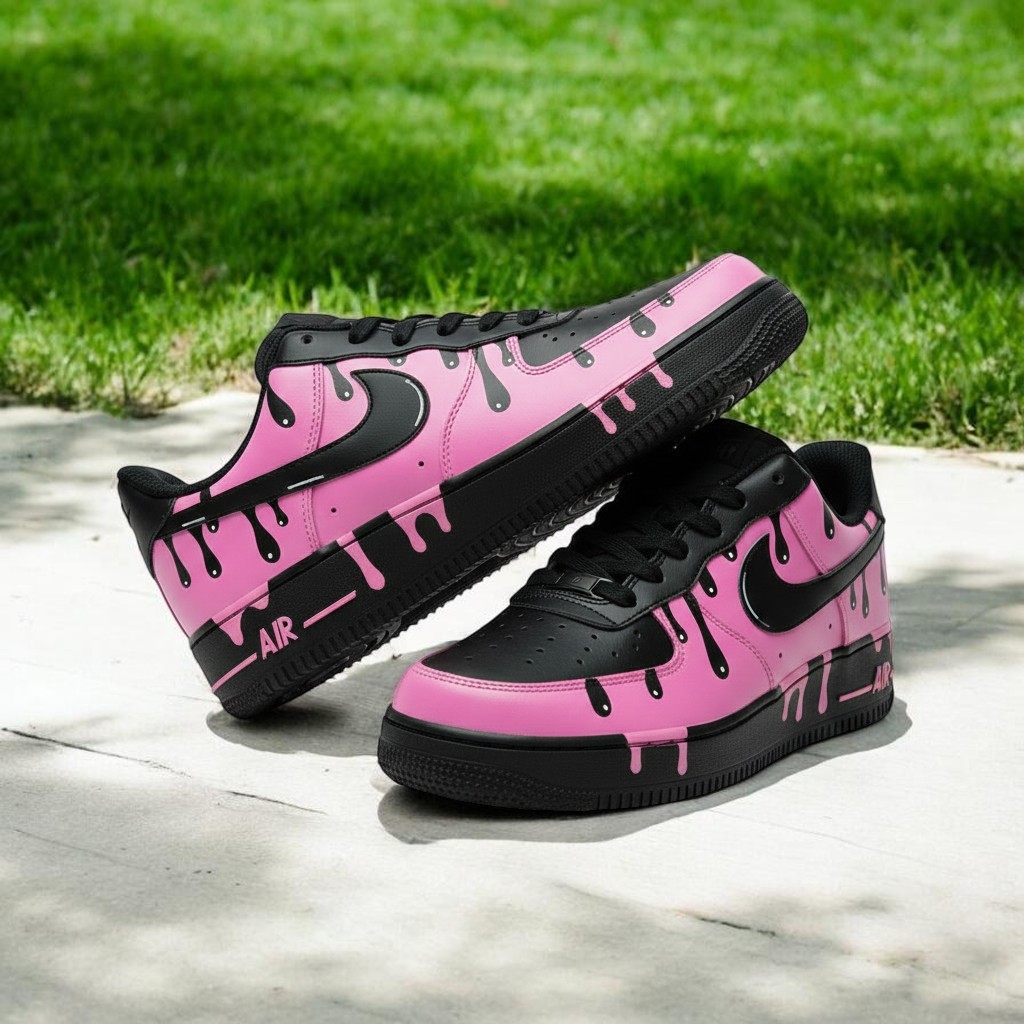 Black Pink Drip Custom Air Force 1 Sneakers, Hand Painted Black Pink Drip AF1 Shoes, Personalized Black AF1 Shoes - gallery image 2