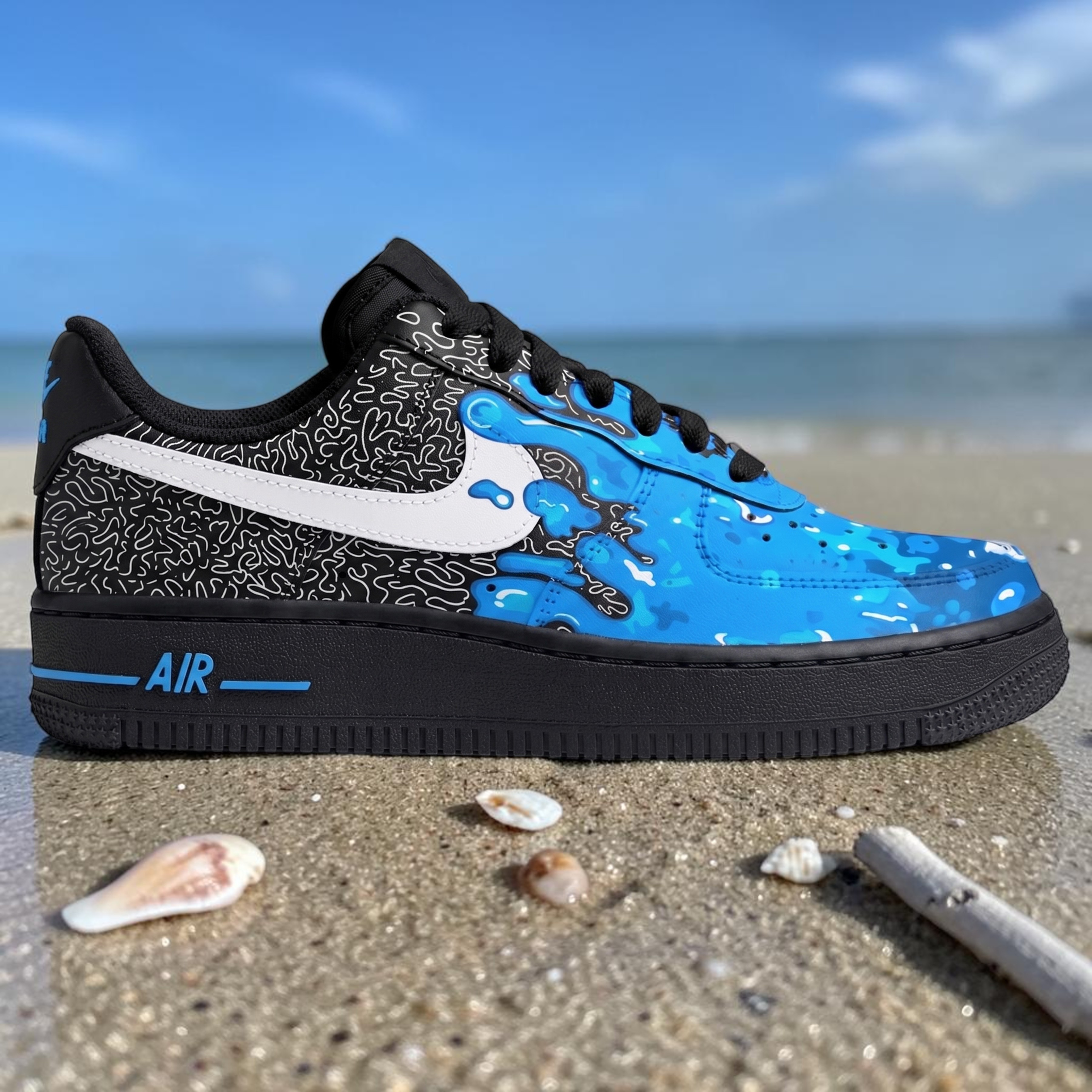 Hand Painted White Blue Liquid Drip Shoes, Custom Doodle Art Sneakers, Black Custom Sneakers, Personalized Gift for Him Her - gallery image 1