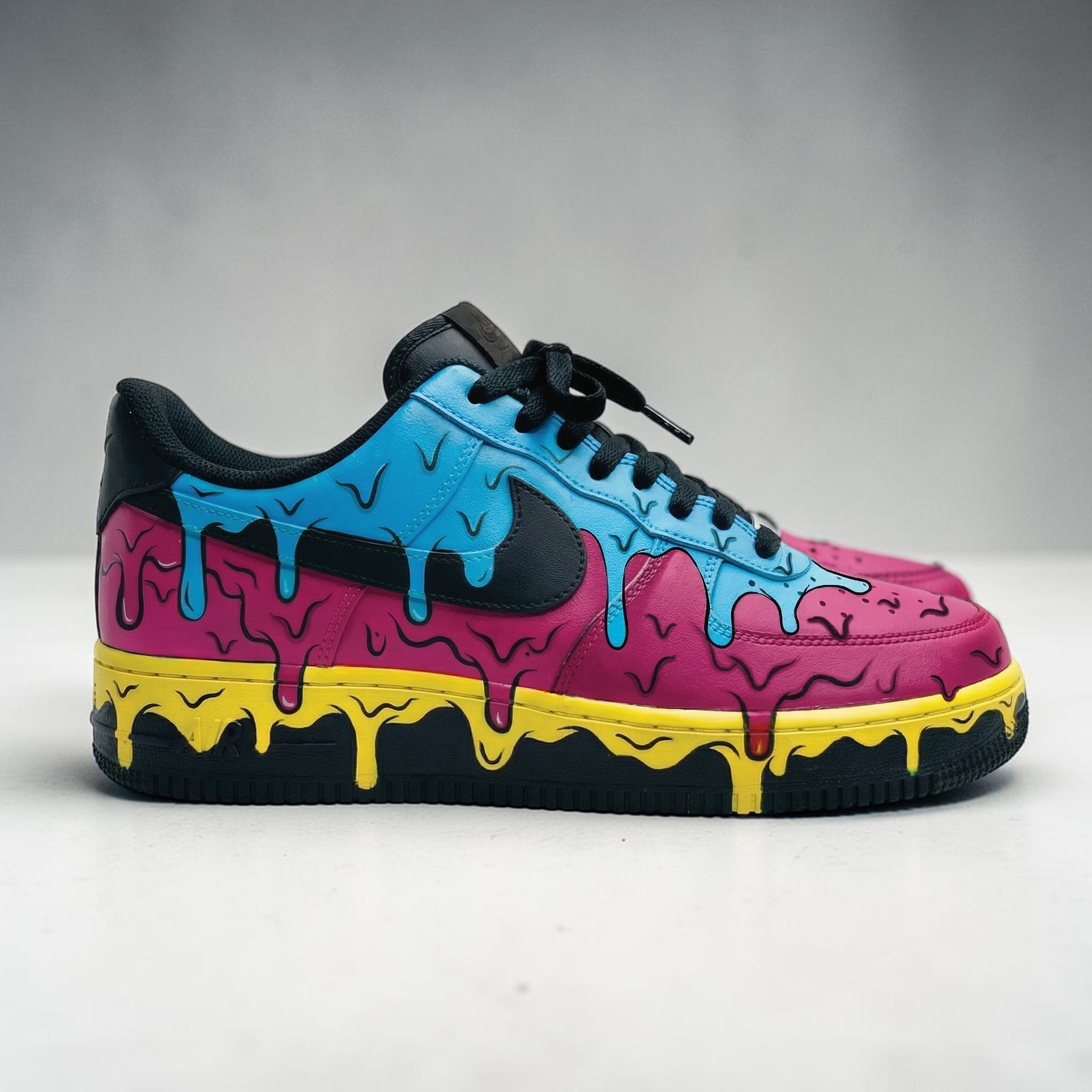 Custom Tri-Color Drip Black AF1 Sneakers, Hand Painted Yellow Pink Light Blue Shoes, Cartoon Style AF1, Unique Art Design Shoes. - gallery image 2