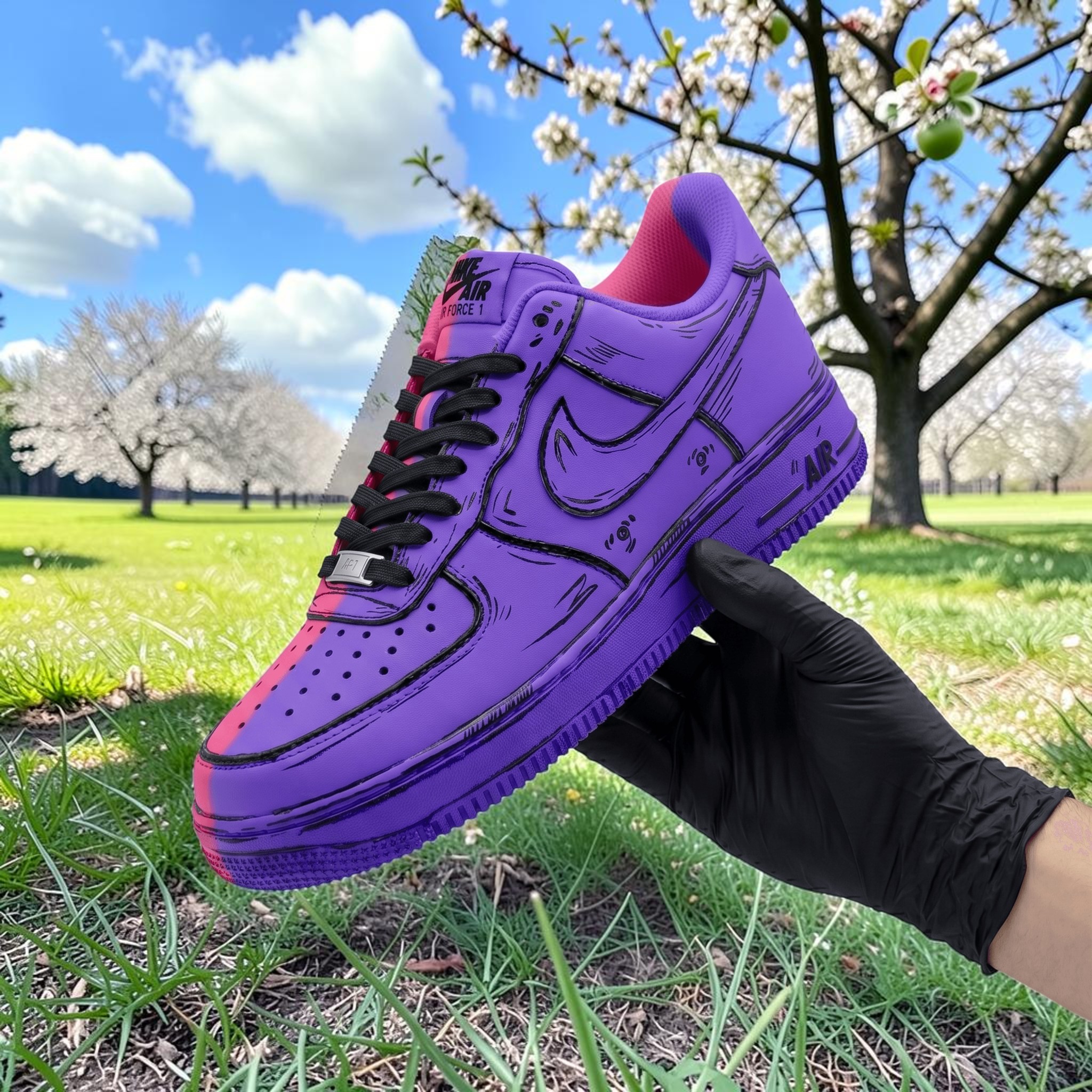 Purple and Pink Custom AF1 Sneakers, Cartoon Style Shoes, Hand Painted Half-Half Purple Pink, 2D Art Sneakers, Unique Gift for Him Her. - gallery image 1