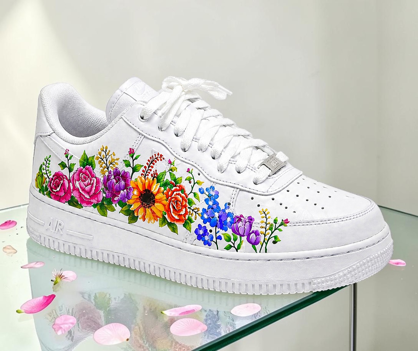 Custom Floral AF1 Sneakers, Hand Painted Colorful Flower Shoes, Unique Spring Garden Shoes, AF1 Sneakers for Teens and Women. - thumbnail