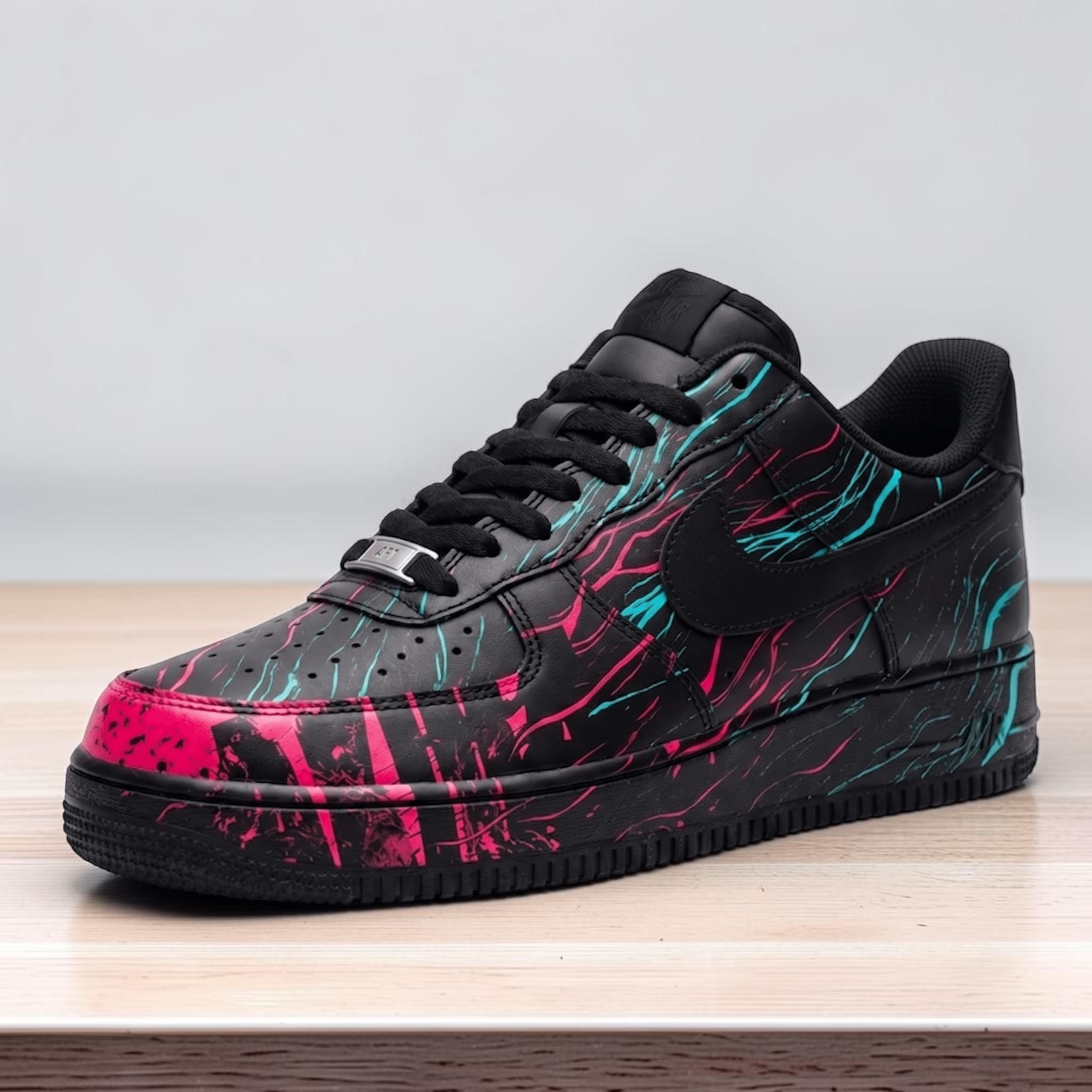 Custom Blue and Pink AF1 Sneakers, Hand Painted Black Shoes with Neon Gradient, Magenta to Blue Gradient Sneakers, Unique Gift for Him Her. - thumbnail