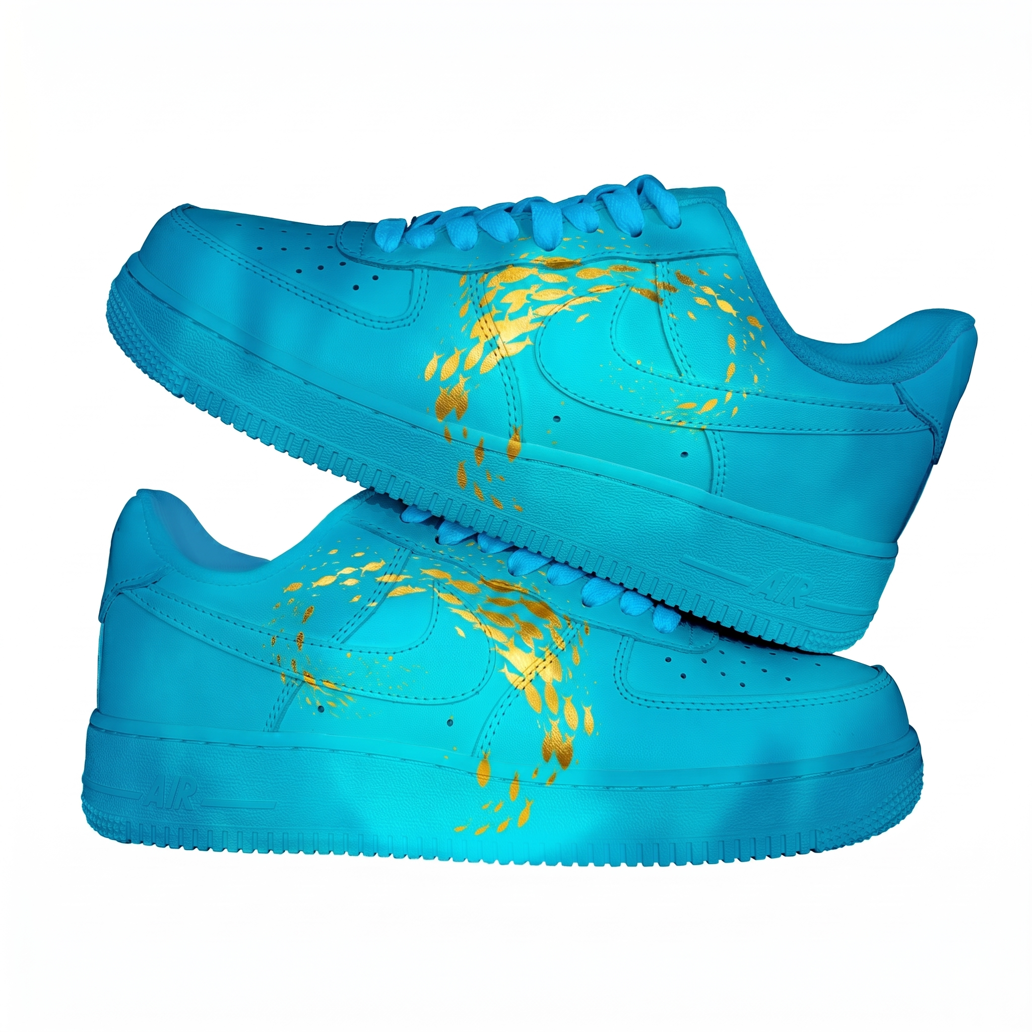Custom Turquoise Ocean AF1 Sneakers , Hand Painted Golden Fish Shoes, Turquoise Blue & Gold AF1, Unique Gift for Sneakers Lovers. - gallery image 1