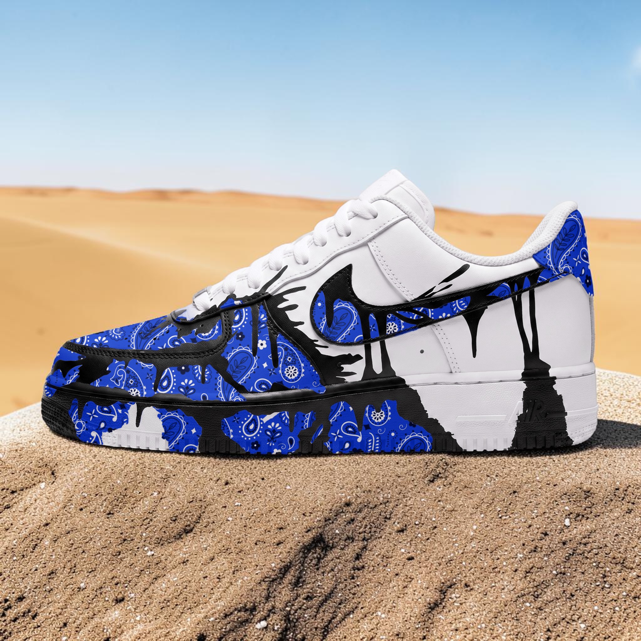 Hand Painted Blue Bandana and Black Splatter AF1 Sneakers, Custom Street White Sneakers, Unique Gift for Him and Her. - thumbnail