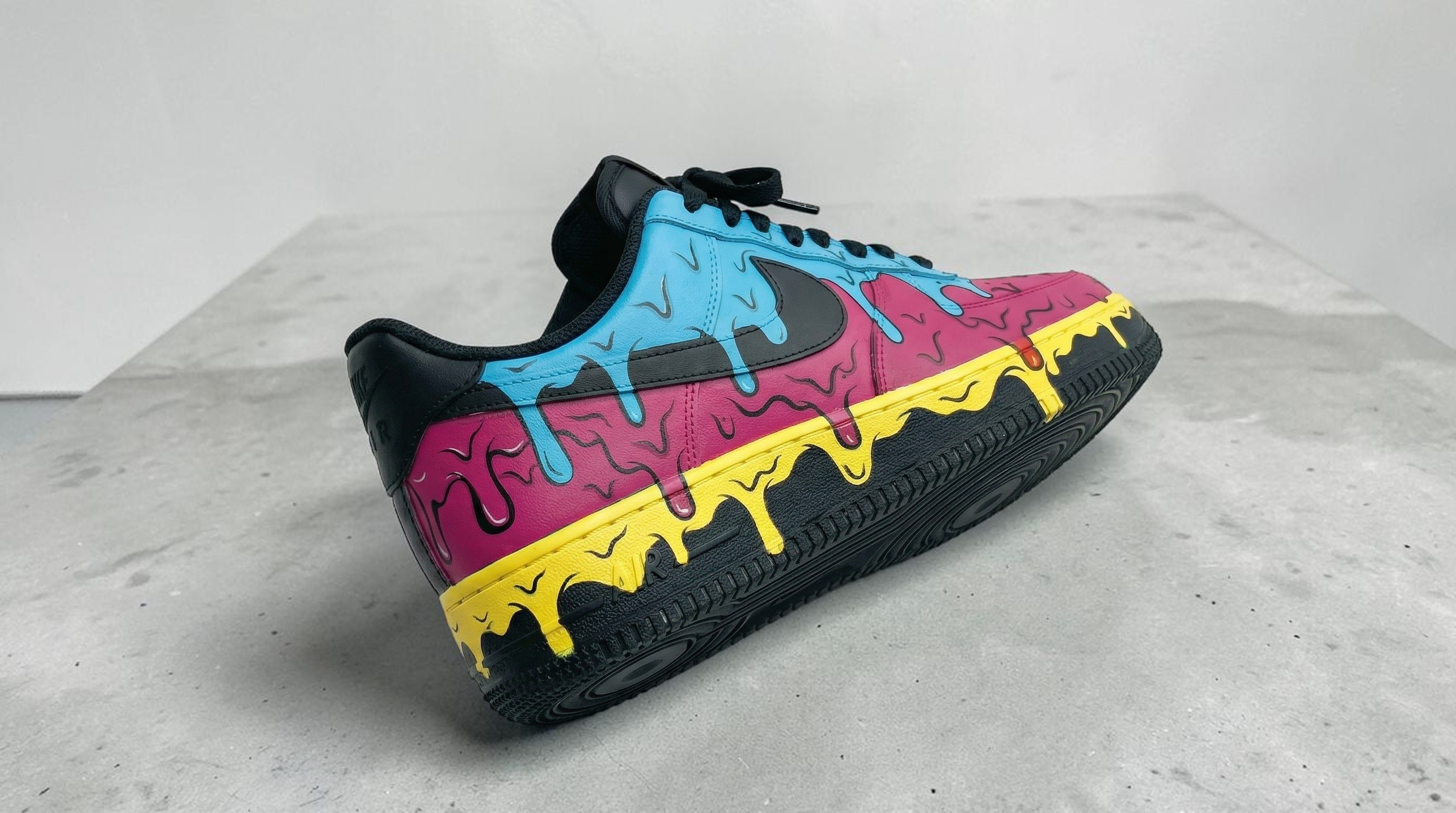 Custom Tri-Color Drip Black AF1 Sneakers, Hand Painted Yellow Pink Light Blue Shoes, Cartoon Style AF1, Unique Art Design Shoes. - gallery image 1