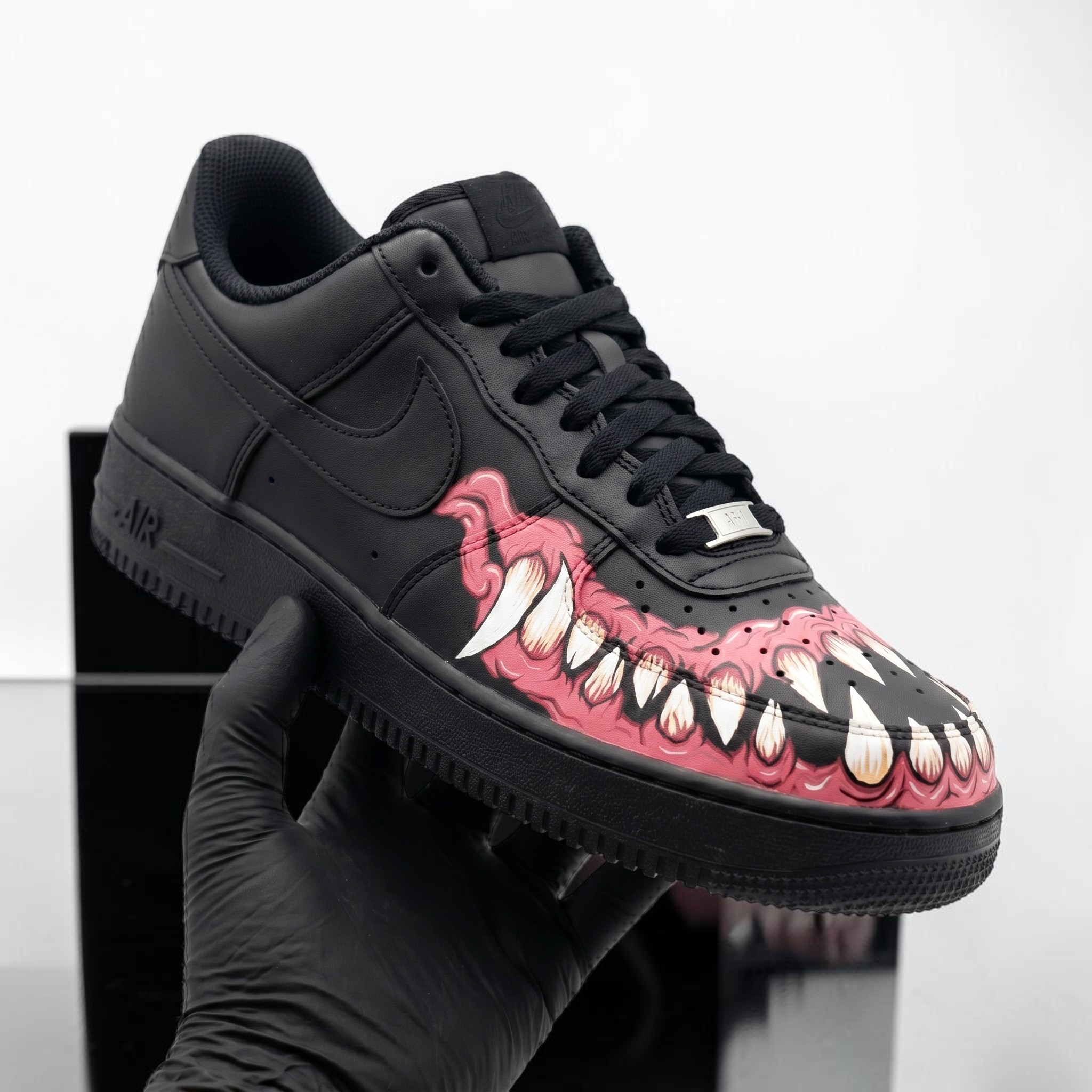 Custom Monster Mouth AF1 Sneakers, Hand Painted Horror Sneakers, Black AF1 Monster Teeth AF1 Shoes, Unique Streetwear Gift. - gallery image 1
