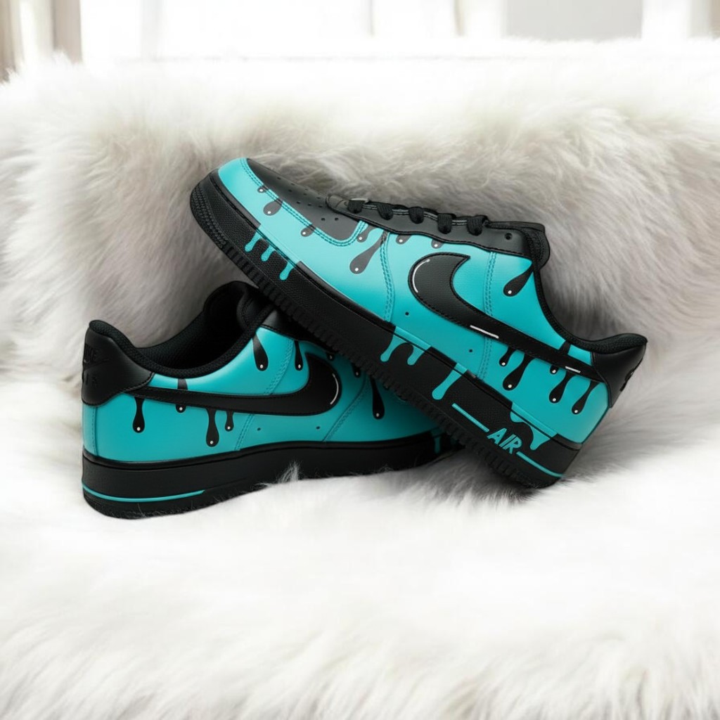 Black Turquoise Drip Custom Air Force 1 Sneakers, Hand Painted Black Turquoise Drip AF1 Shoes, Personalized Black AF1 Shoes - gallery image 2