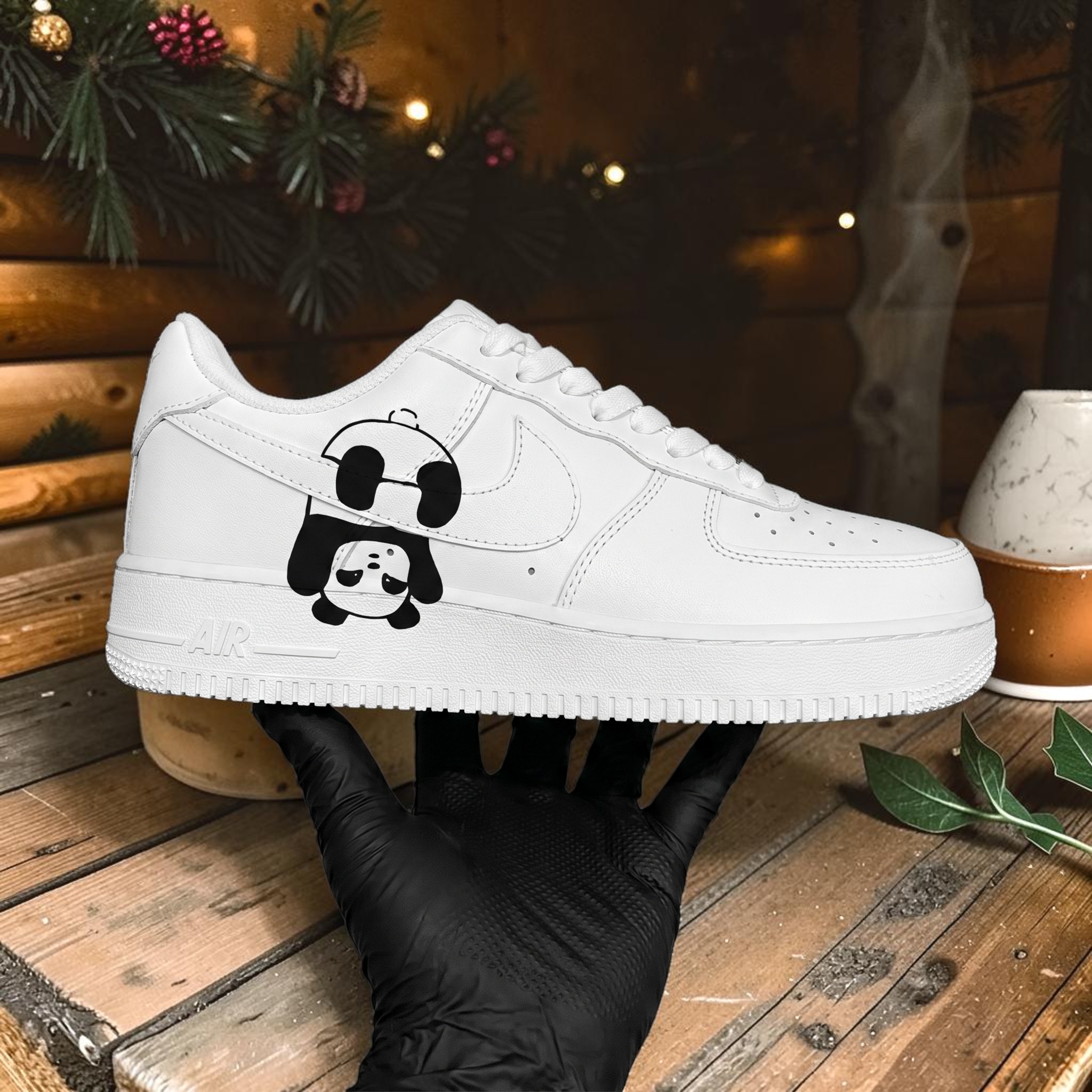 Hand Painted Cute Panda AF1 Sneakers, Custom Bear Cartoon Shoes, Unique Minimalist AF1 Sneakers, Gifts for Bear Lovers. - gallery image 1