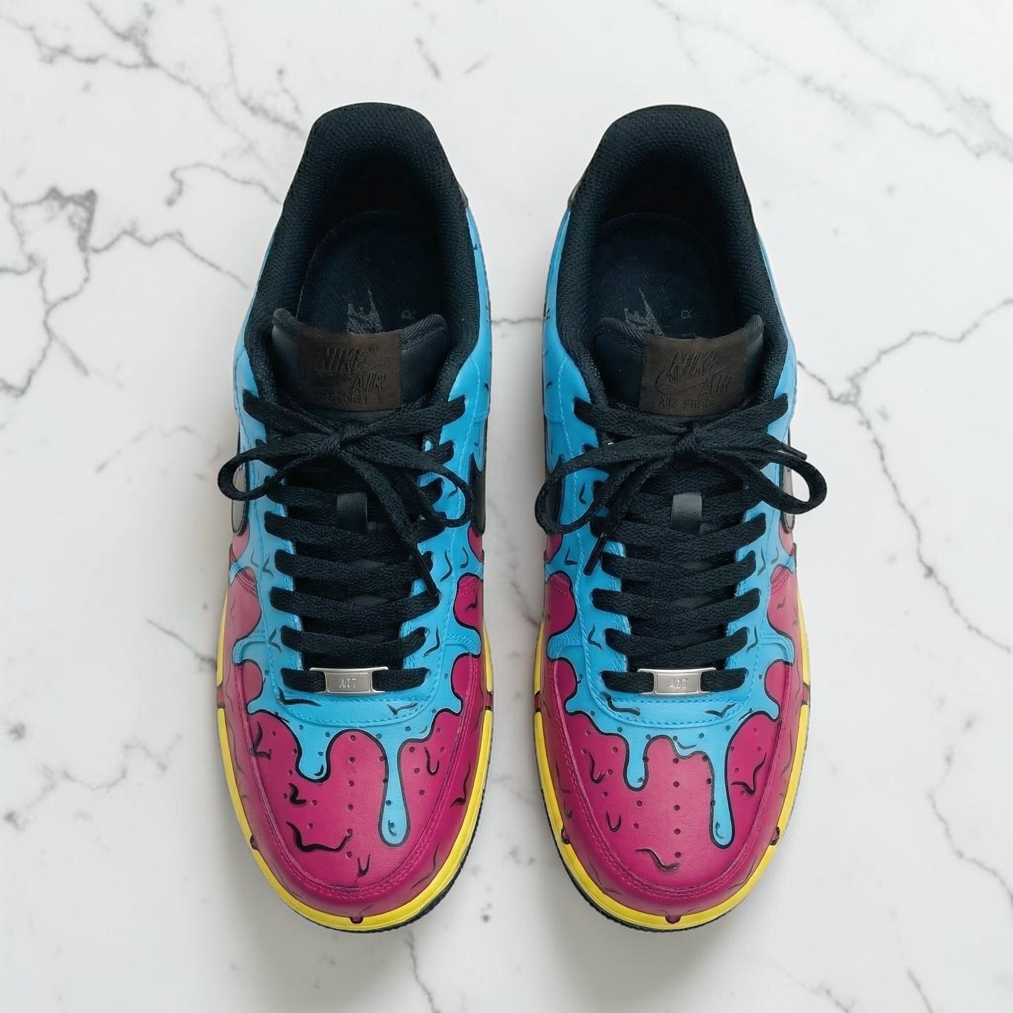 Custom Tri-Color Drip Black AF1 Sneakers, Hand Painted Yellow Pink Light Blue Shoes, Cartoon Style AF1, Unique Art Design Shoes. - thumbnail