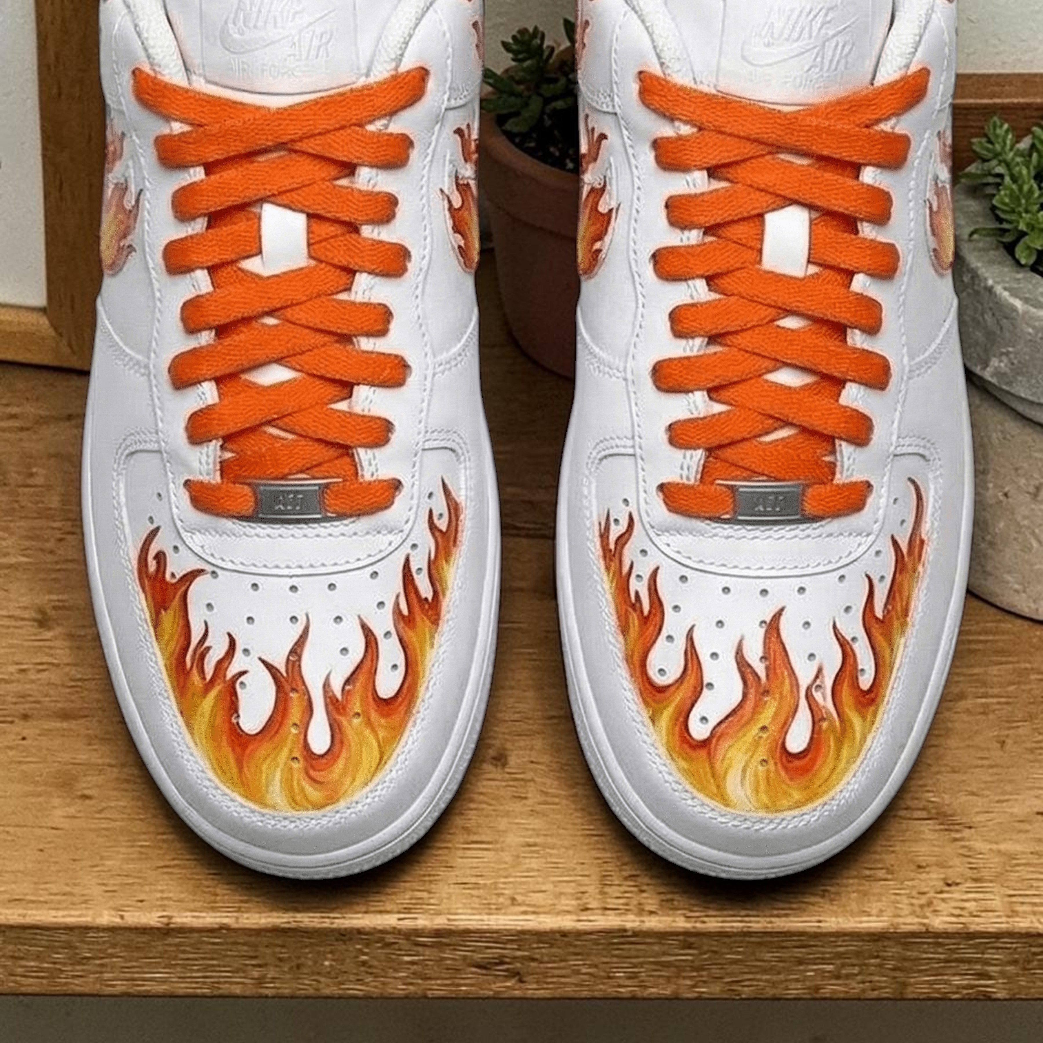 Custom Hand-Painted Fire Drip AF1 Sneakers, White Orange Flame Shoes - gallery image 1