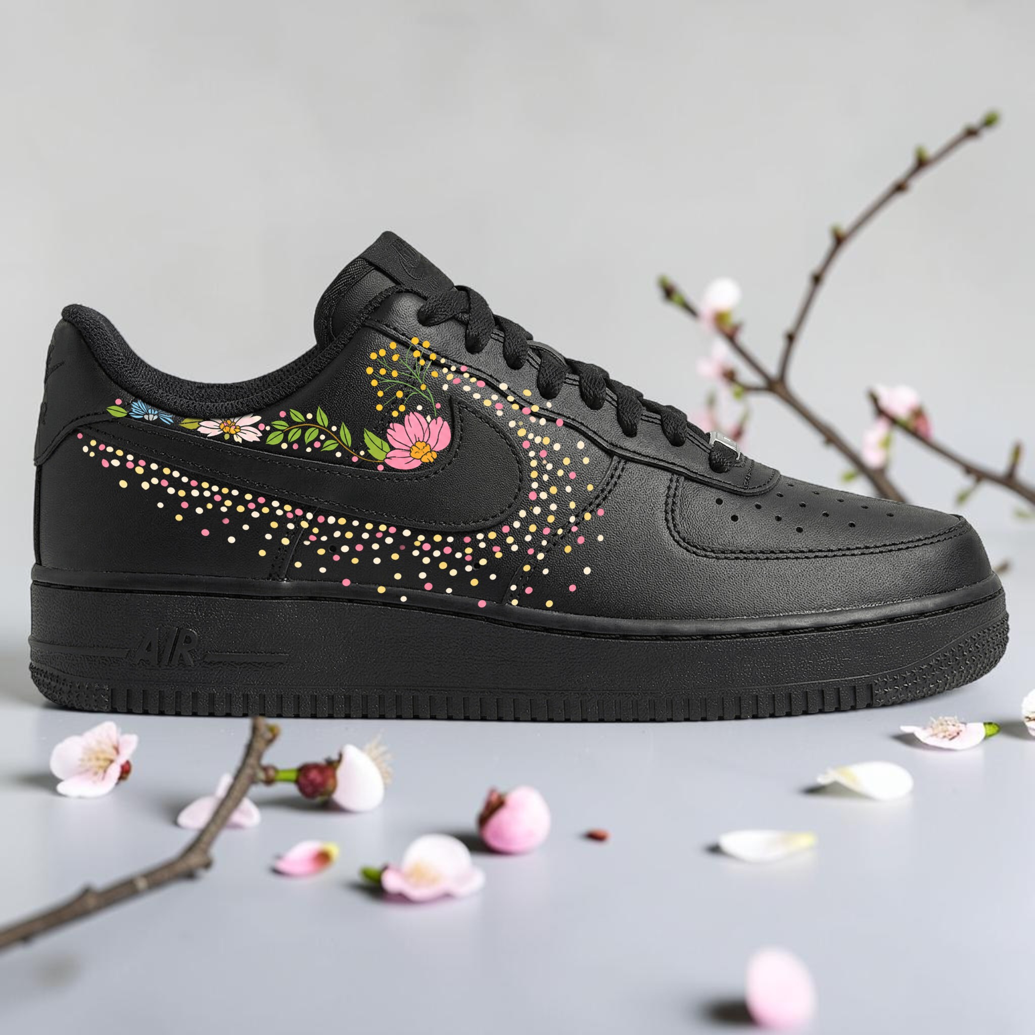 Custom Black Floral AF1 Sneakers, Hand Painted Flower and Dot Sneakers, Wildflower Design AF1 Shoes, Custom Spring Shoes, Gift for Her. - gallery image 1