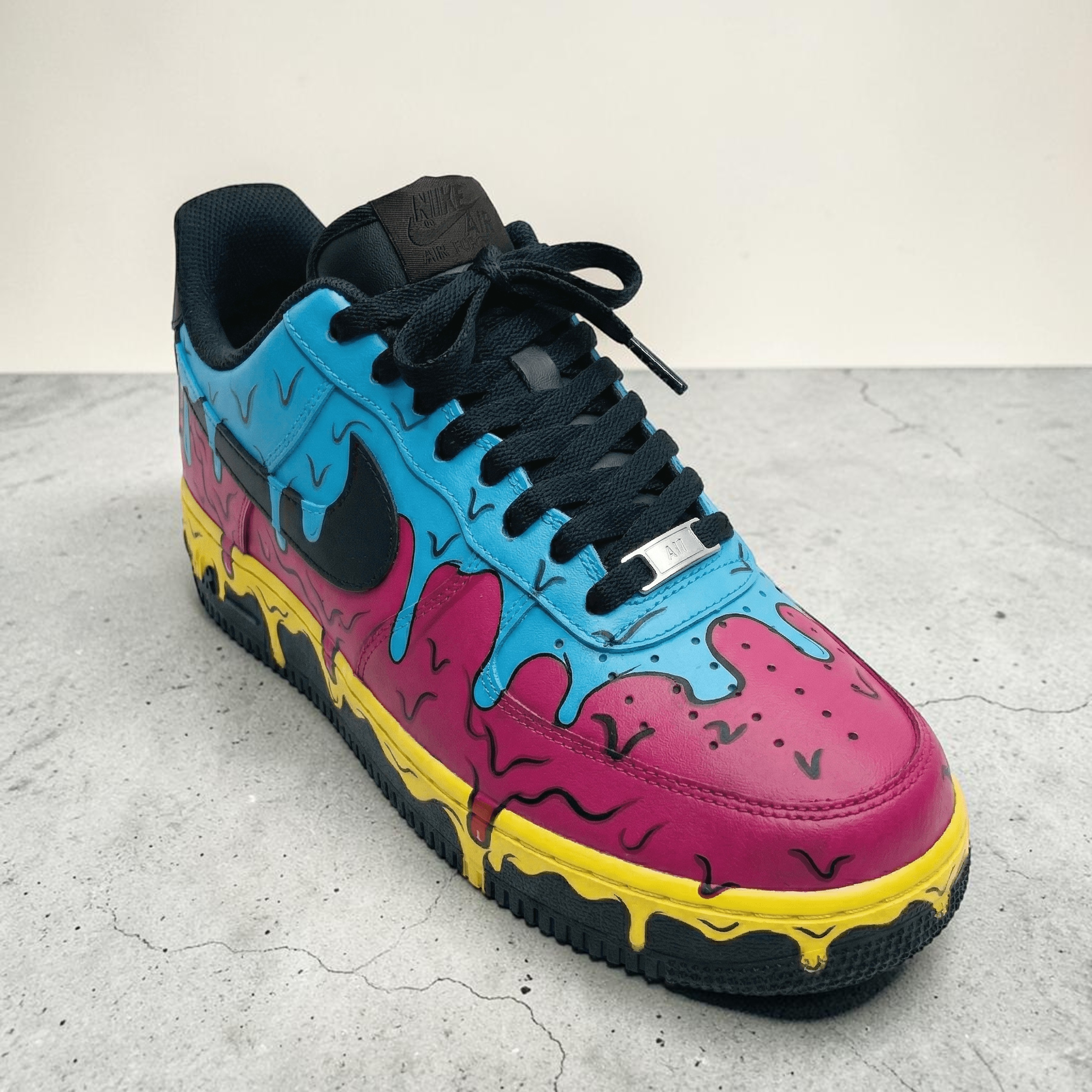 Custom Tri-Color Drip Black AF1 Sneakers, Hand Painted Yellow Pink Light Blue Shoes, Cartoon Style AF1, Unique Art Design Shoes. - gallery image 3