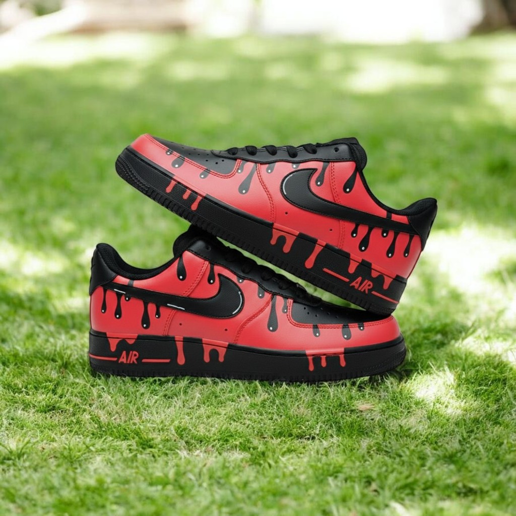 Black Red Drip Custom Air Force 1 Sneakers, Hand Painted Black Red Drip AF1 Shoes, Personalized Black AF1 Shoes - gallery image 3