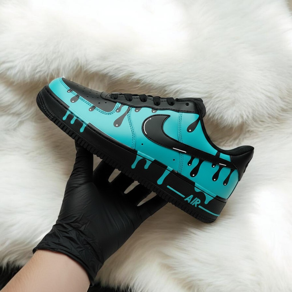 Black Turquoise Drip Custom Air Force 1 Sneakers, Hand Painted Black Turquoise Drip AF1 Shoes, Personalized Black AF1 Shoes - gallery image 3