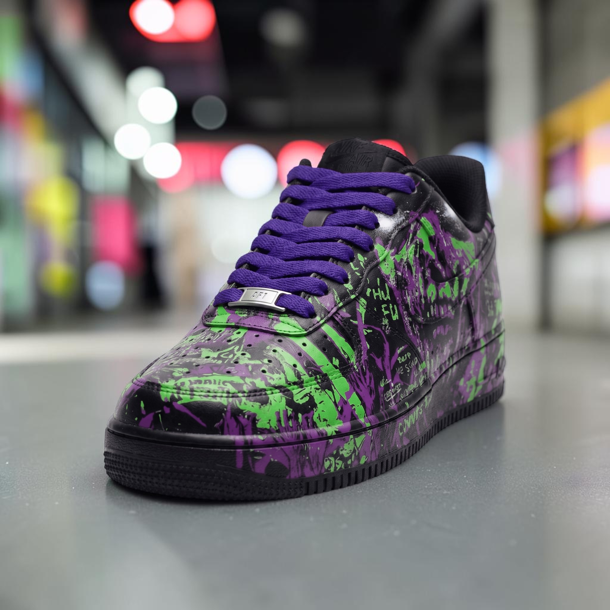 Custom Graffiti Purple and Green AF1 Sneakers, Black Splatter Shoes, Unique Dark Aesthetic Streetwear Sneaker. - gallery image 1