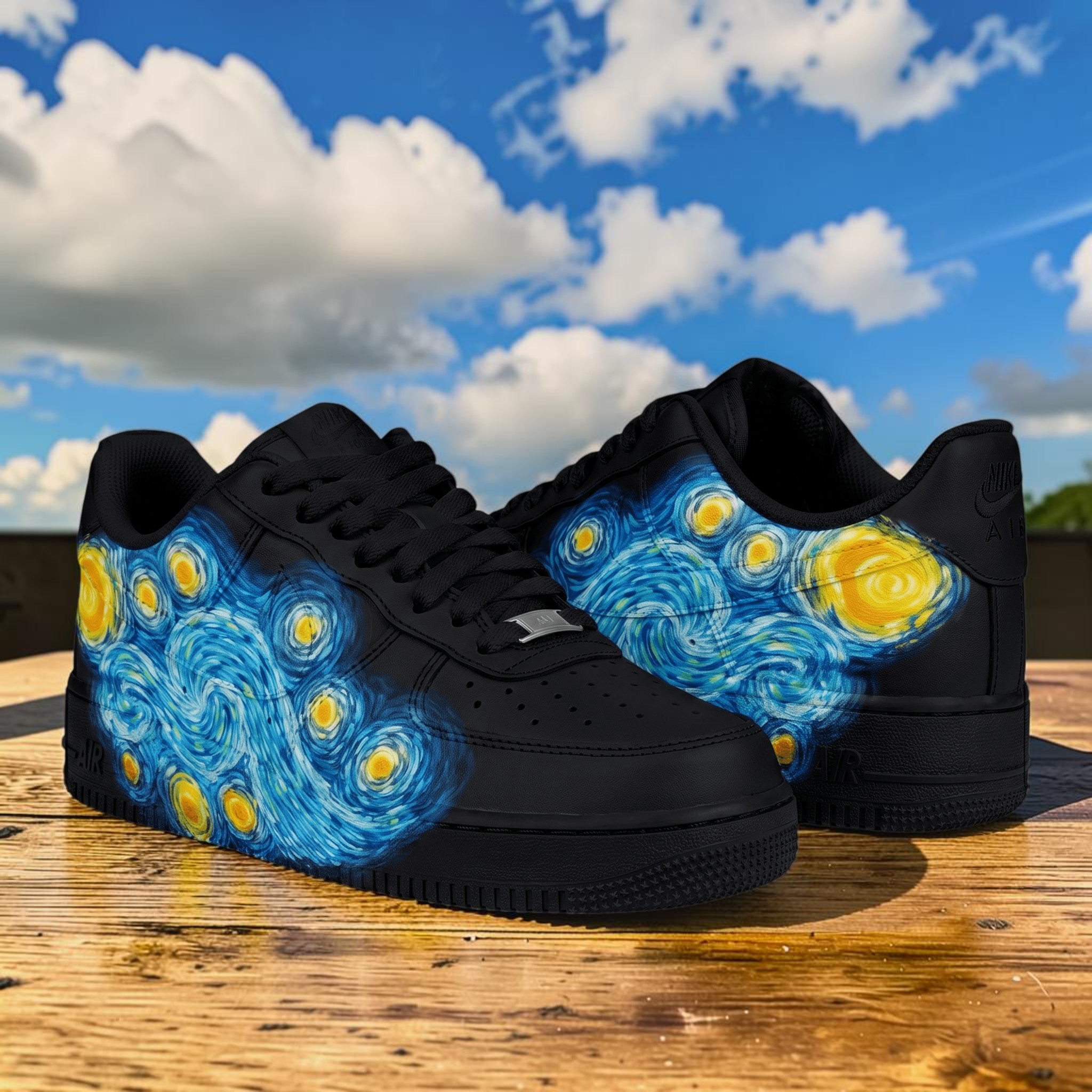 Custom Starry Night AF1 Sneakers, Hand Painted Blue and Yellow Shoes, Custom Black AF1 Sneakers, Unique Gift for Art Lovers. - thumbnail
