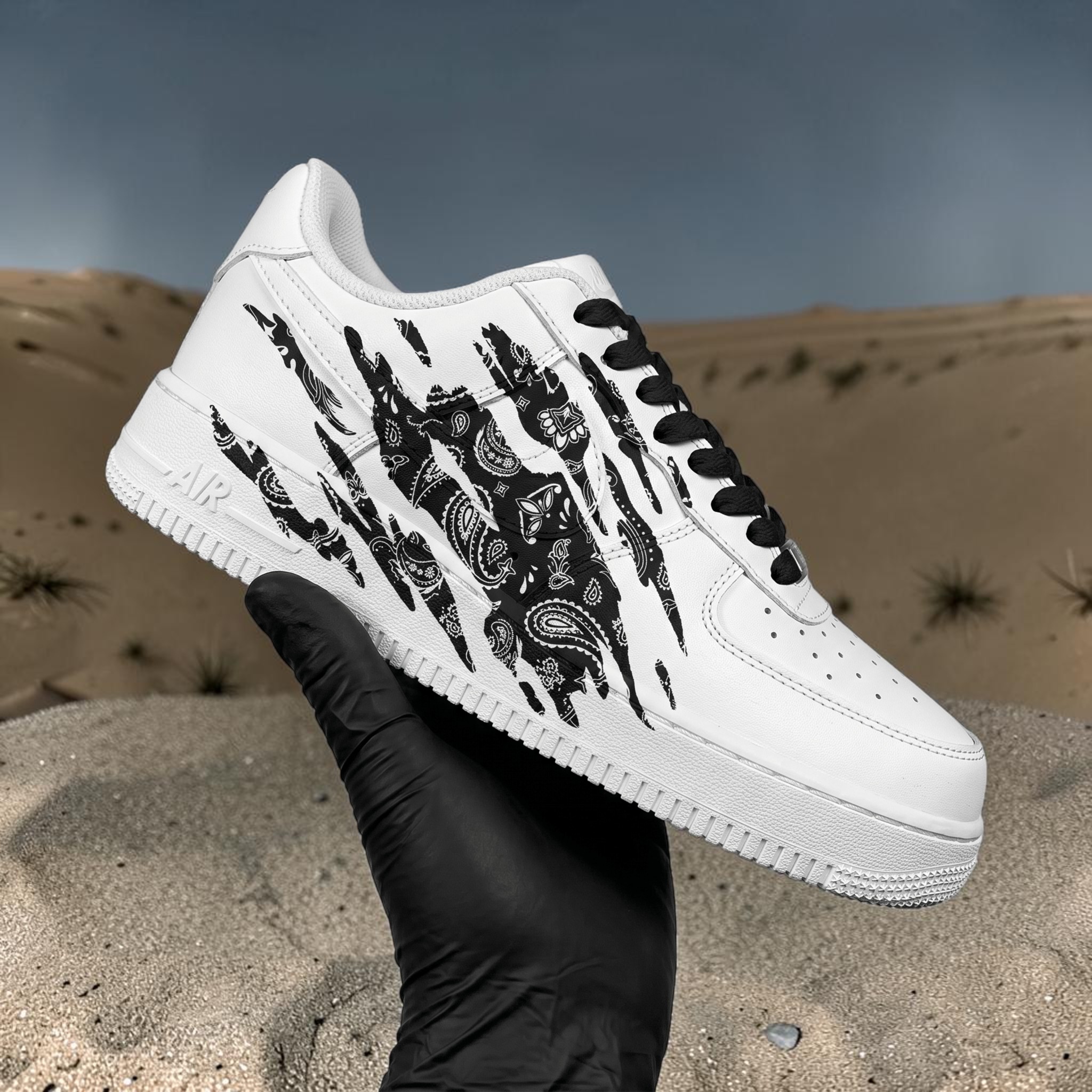 Custom Black Bandana AF1, Hand Painted Black Scratch Shoes, Bandana Scratch AF1 Sneakers, Unique Gift for Him Her. - gallery image 3