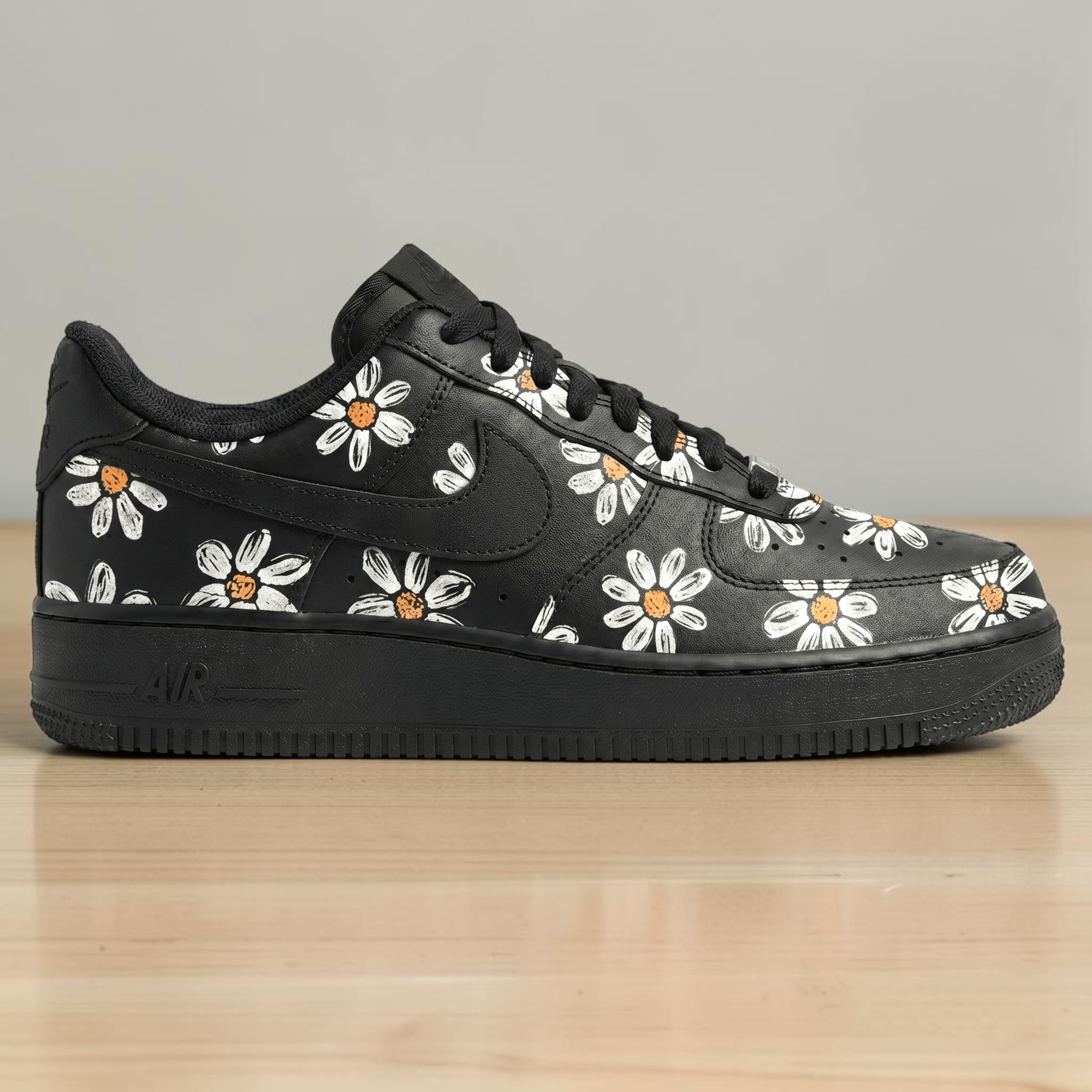 Custom Daisy AF1 Black Sneakers, Hand Painted Floral Sneakers, Black AF1 with White Daisies, Unique Flower Shoes, Gift for Men & Women - thumbnail