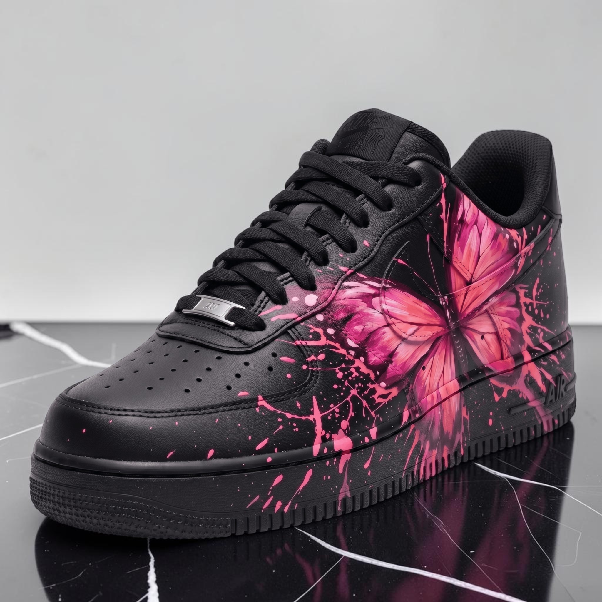 Custom Pink Butterfly Sneakers, Hand-Painted Butterfly Design Shoes, Personalized Sneakers with Vibrant Pink Splash Art, Unique Butterfly Artwork - gallery image 2