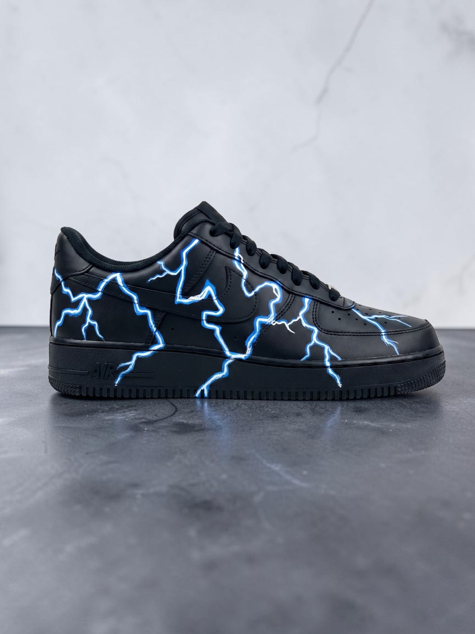 Custom Blue Lightning AF1 Sneakers, Hand Painted Black Shoes, Lightning Effect AF1 Sneakers, Unique Streetwear Style. - gallery image 1