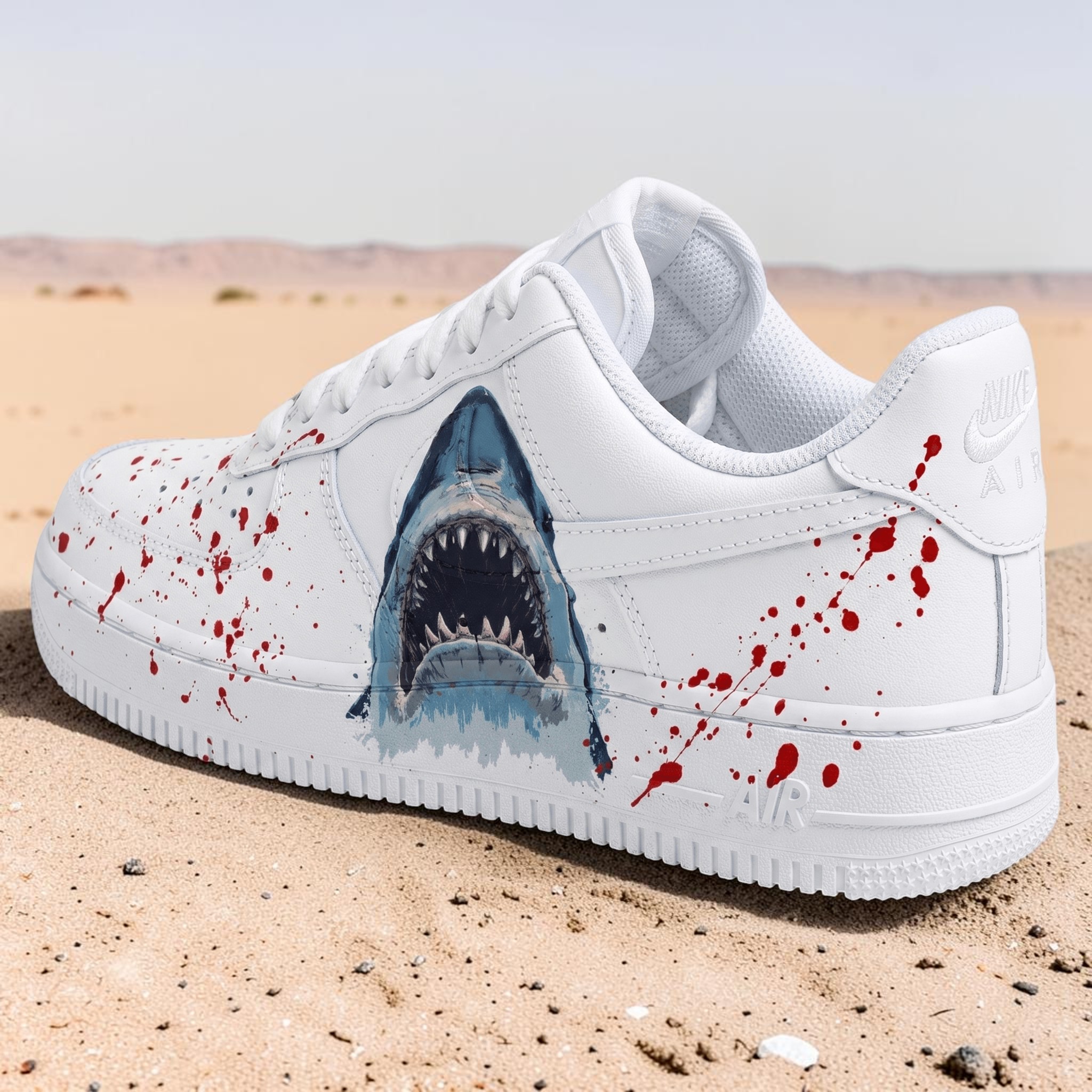 Custom White Shark AF1 Sneakers, Hand Painted Shark Attack Shoes, Blood Splatter Effect AF1, Horror Style Shoes. - gallery image 1
