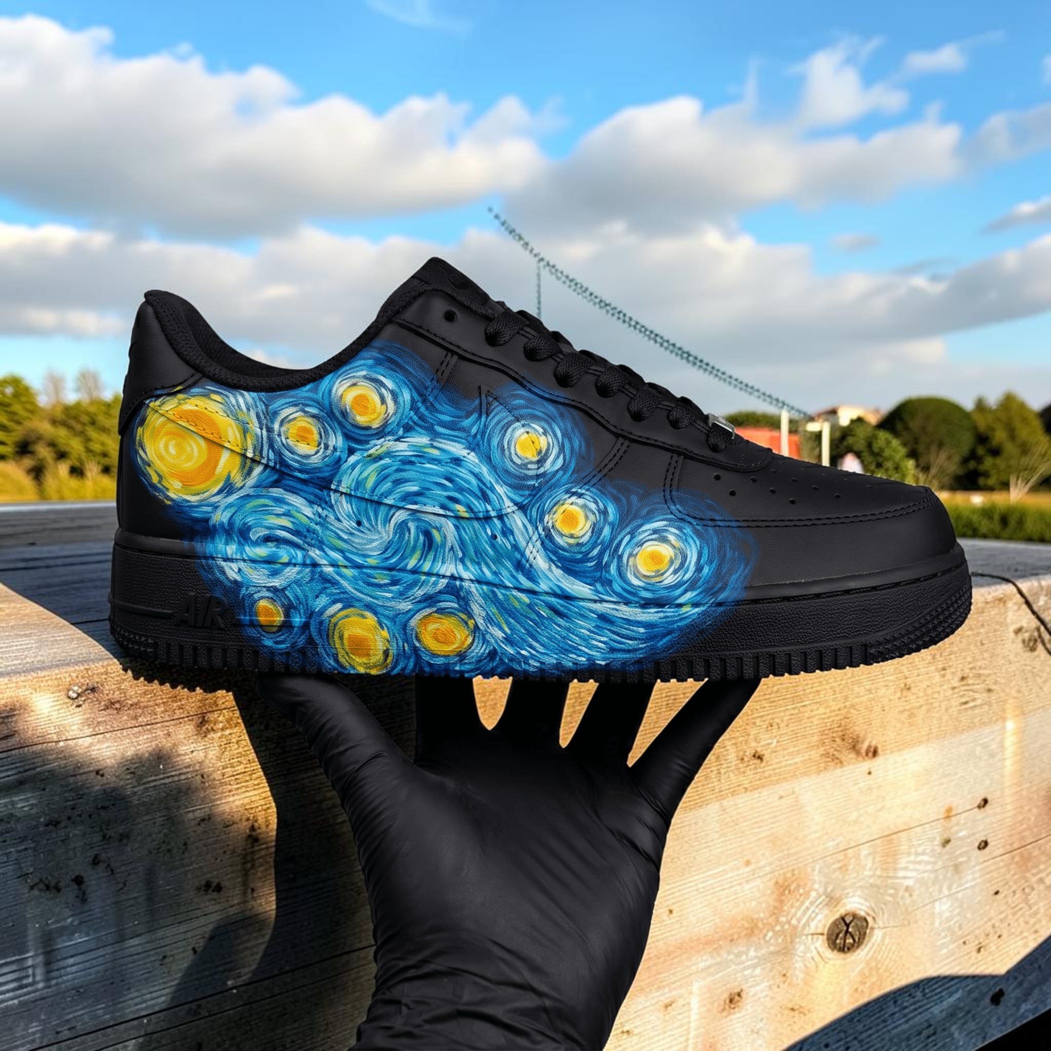 Custom Starry Night AF1 Sneakers, Hand Painted Blue and Yellow Shoes, Custom Black AF1 Sneakers, Unique Gift for Art Lovers. - gallery image 1