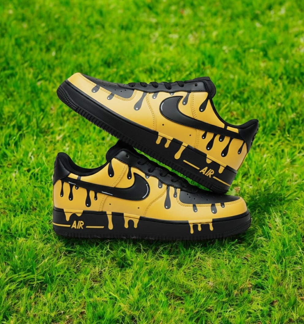 Black Yellow Drip Custom Air Force 1 Sneakers, Hand Painted Black Yellow Drip AF1 Shoes, Personalized Black AF1 Shoes - thumbnail