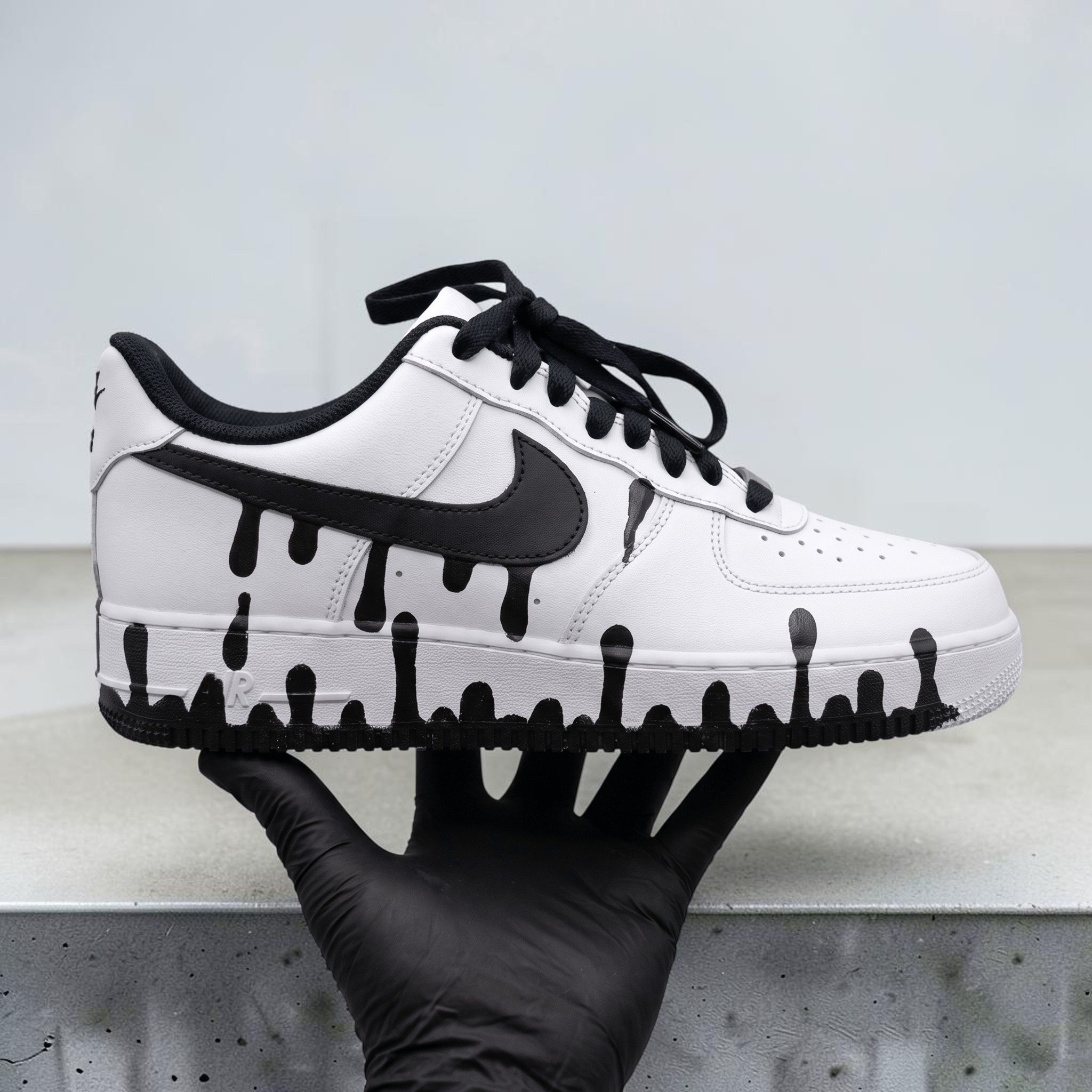 Custom AF1 Sneakers Black Drip, Hand Painted White and Black AF1 Shoes, Minimalist Drip Art Shoes, Personalized Gift for Sneakerheads. - thumbnail