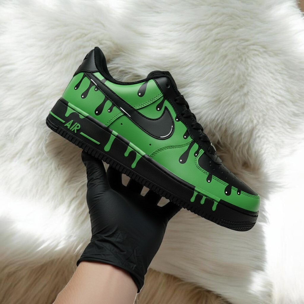 Black Green Drip Custom Air Force 1 Sneakers, Hand Painted Black Green Drip AF1 Shoes, Personalized Black AF1 Shoes - gallery image 1